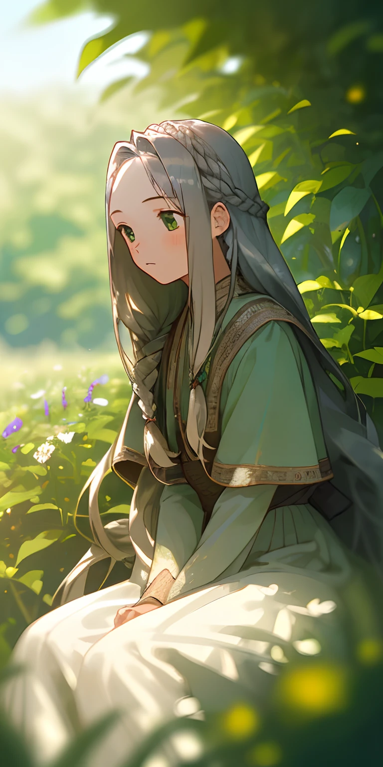 (masterpiece、top-quality)、One girl with long silver hair sitting in a field of green plants and flowers、Warm lighting、blurred foreground、Long braided hair、