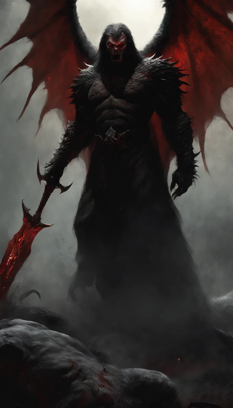 Zodd witch sword in hand, Berserk, wings, Painting of a demonic creature with a bloodied face and a bloodied head, - The Art of Horror Fiction,ror art in the fantasy genre, by Aleksi Briclot, horror concept art, Fantasy and horror art, Detailed illustration of 4K horror, Demonic creature, dark fantasy horror ar