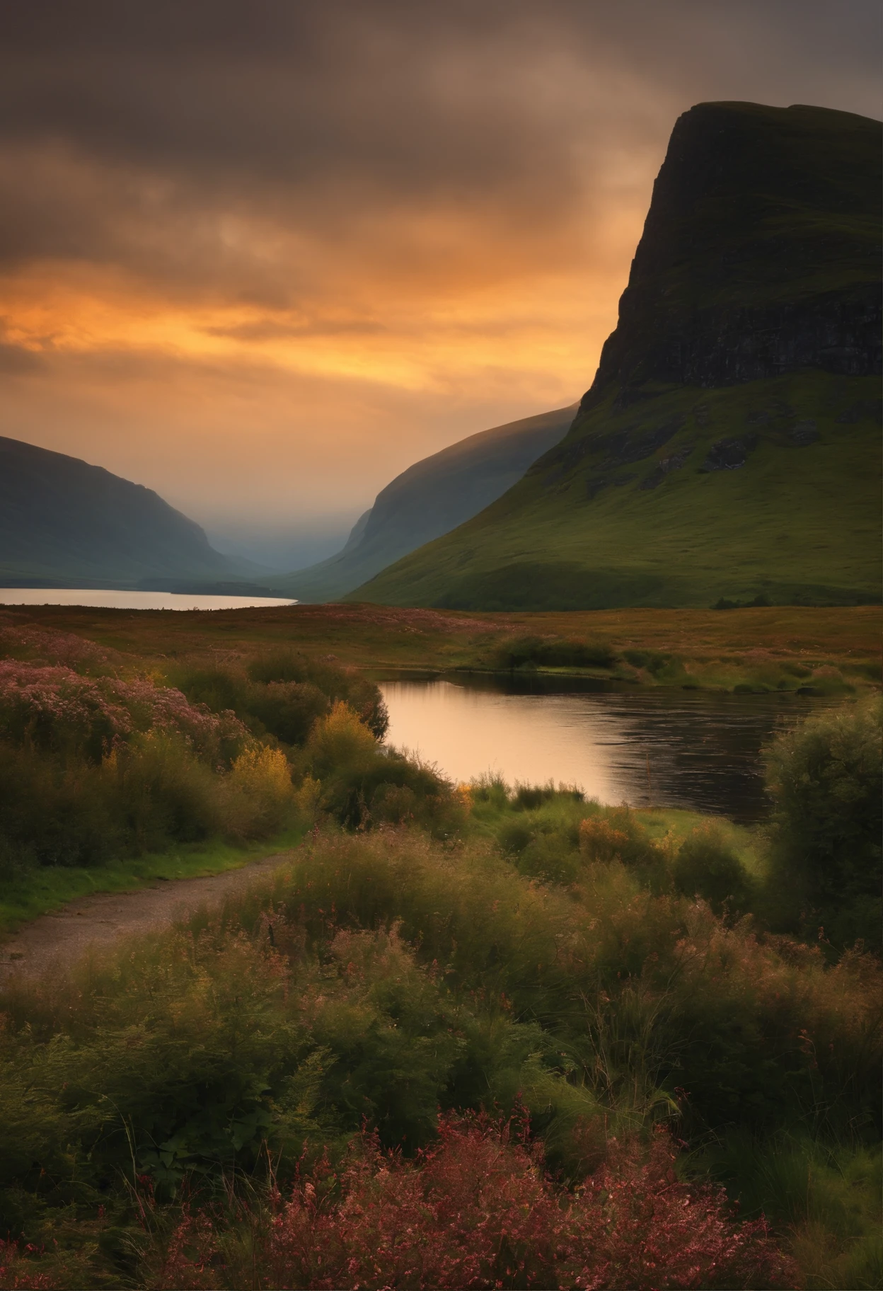 Einen see in schottland , abendstimmung mit burg