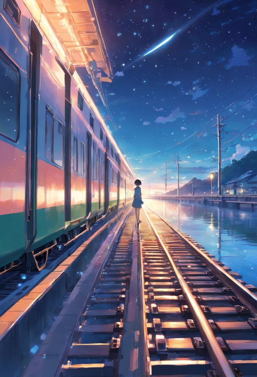 Masterpiece, anime train passing through bodies of water on tracks, bright starry sky. Romantic train, Makoto Shinkai's picture, pixiv, concept art, lofi art style, reflection. by Makoto Shinkai, lofi art, Beautiful anime scene, Anime landscape, detailed scenery —width 672, in style of Makoto shinkai, style of Makoto shinkai, enhanced details.