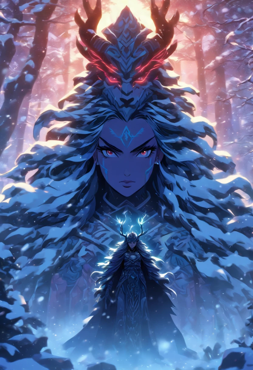 best quality, very high resolution, 4K detailed CG, master piece, Angurboda, giant woman, Angrboda, Jotun, goddess of fear, serious expression, snow, female giant, trees, forest, Norse mythology, beautiful aesthetics, Beautiful image, centered on screen