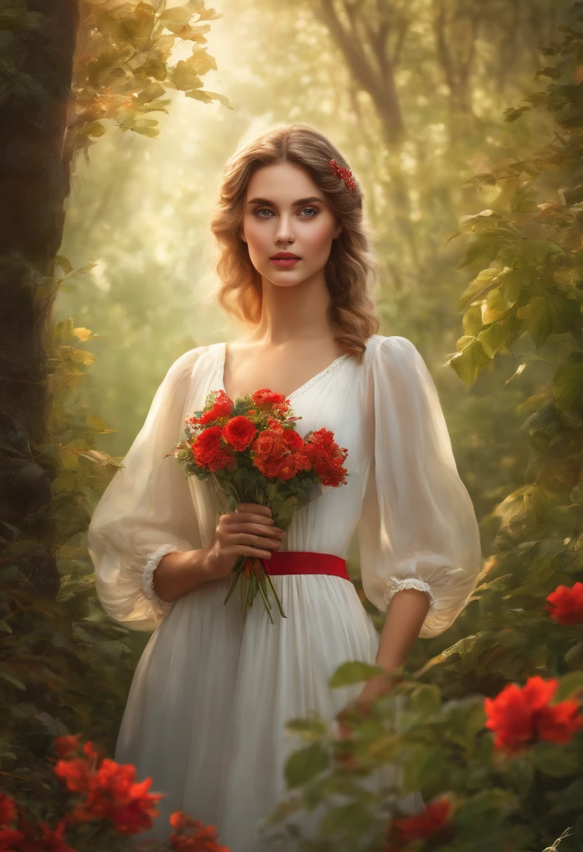 (best quality,4k,8k,highres,masterpiece:1.2),ultra-detailed(HDR,UHD,studio lighting),realistic portraits of a girl with a bouquet of flowers, beautiful eyes and lips, white dress with a red ribbon, extremely detailed facial features, long eyelashes. The girl is standing in a picturesque forest, surrounded by vibrant green vegetation and colorful flowers. The sunlight filters through the leaves, casting a soft, ethereal glow on the scene. The girl is holding the bouquet of flowers delicately, her fingers gently entwined with the stems. The red ribbon around the bouquet stands out, adding a pop of vibrant color to the composition. The girl's dress flows elegantly around her, its pure white color contrasting with the natural surroundings. The forest is filled with the enchanting melodies of birds singing and the subtle rustling of leaves in the breeze. The atmosphere is serene and poetic, evoking a sense of tranquility and beauty in nature. The painting is done in a realistic style, capturing the intricate details of the girl's face and the textures of the flowers and foliage with precision. The colors are vivid and vibrant, enhancing the overall visual impact of the artwork. The composition is carefully arranged, with the girl placed slightly off-center, drawing the viewers' attention to her expressive eyes and radiant smile. The lighting is warm and gentle, creating a soft ambiance and adding depth to the scene. The overall effect is a visually stunning masterpiece that celebrates the beauty of nature and the grace of the girl in the forest.