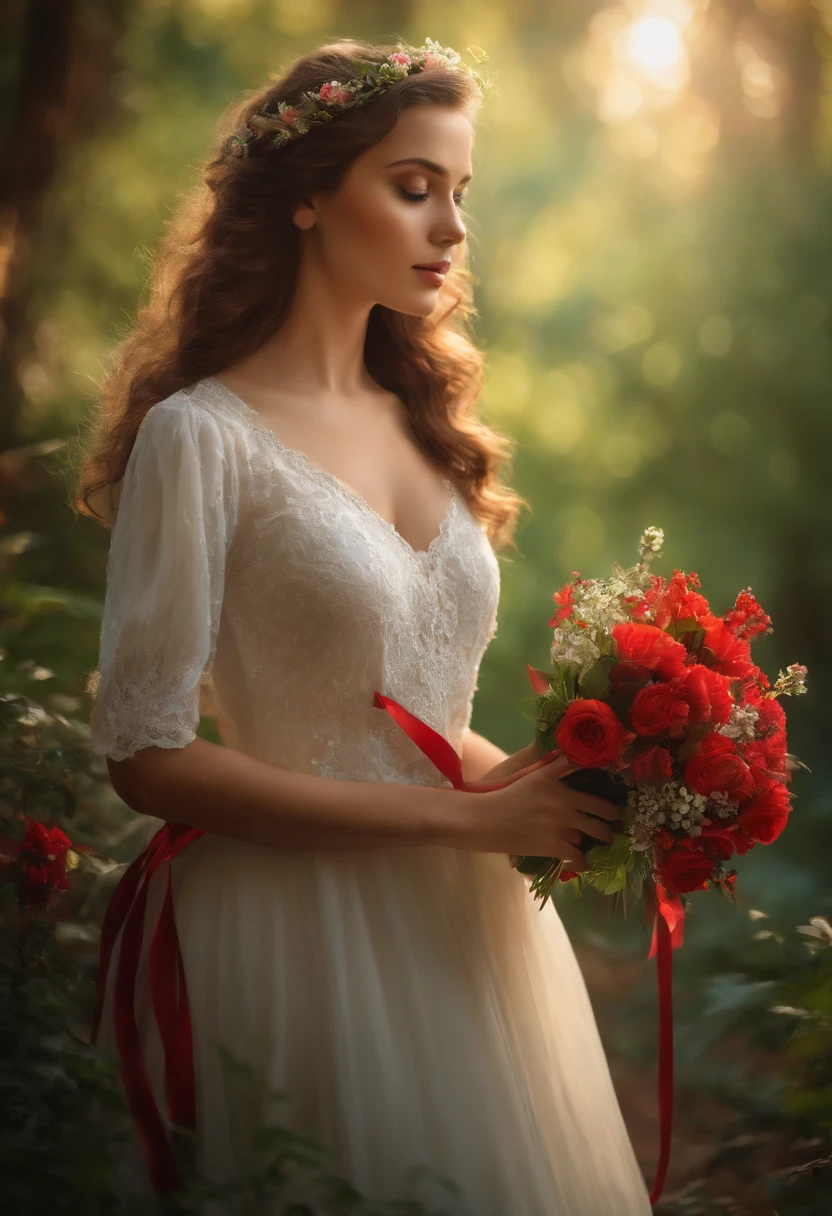 (best quality,4k,8k,highres,masterpiece:1.2),ultra-detailed(HDR,UHD,studio lighting),realistic portraits of a girl with a bouquet of flowers, beautiful eyes and lips, white dress with a red ribbon, extremely detailed facial features, long eyelashes. The girl is standing in a picturesque forest, surrounded by vibrant green vegetation and colorful flowers. The sunlight filters through the leaves, casting a soft, ethereal glow on the scene. The girl is holding the bouquet of flowers delicately, her fingers gently entwined with the stems. The red ribbon around the bouquet stands out, adding a pop of vibrant color to the composition. The girl's dress flows elegantly around her, its pure white color contrasting with the natural surroundings. The forest is filled with the enchanting melodies of birds singing and the subtle rustling of leaves in the breeze. The atmosphere is serene and poetic, evoking a sense of tranquility and beauty in nature. The painting is done in a realistic style, capturing the intricate details of the girl's face and the textures of the flowers and foliage with precision. The colors are vivid and vibrant, enhancing the overall visual impact of the artwork. The composition is carefully arranged, with the girl placed slightly off-center, drawing the viewers' attention to her expressive eyes and radiant smile. The lighting is warm and gentle, creating a soft ambiance and adding depth to the scene. The overall effect is a visually stunning masterpiece that celebrates the beauty of nature and the grace of the girl in the forest.