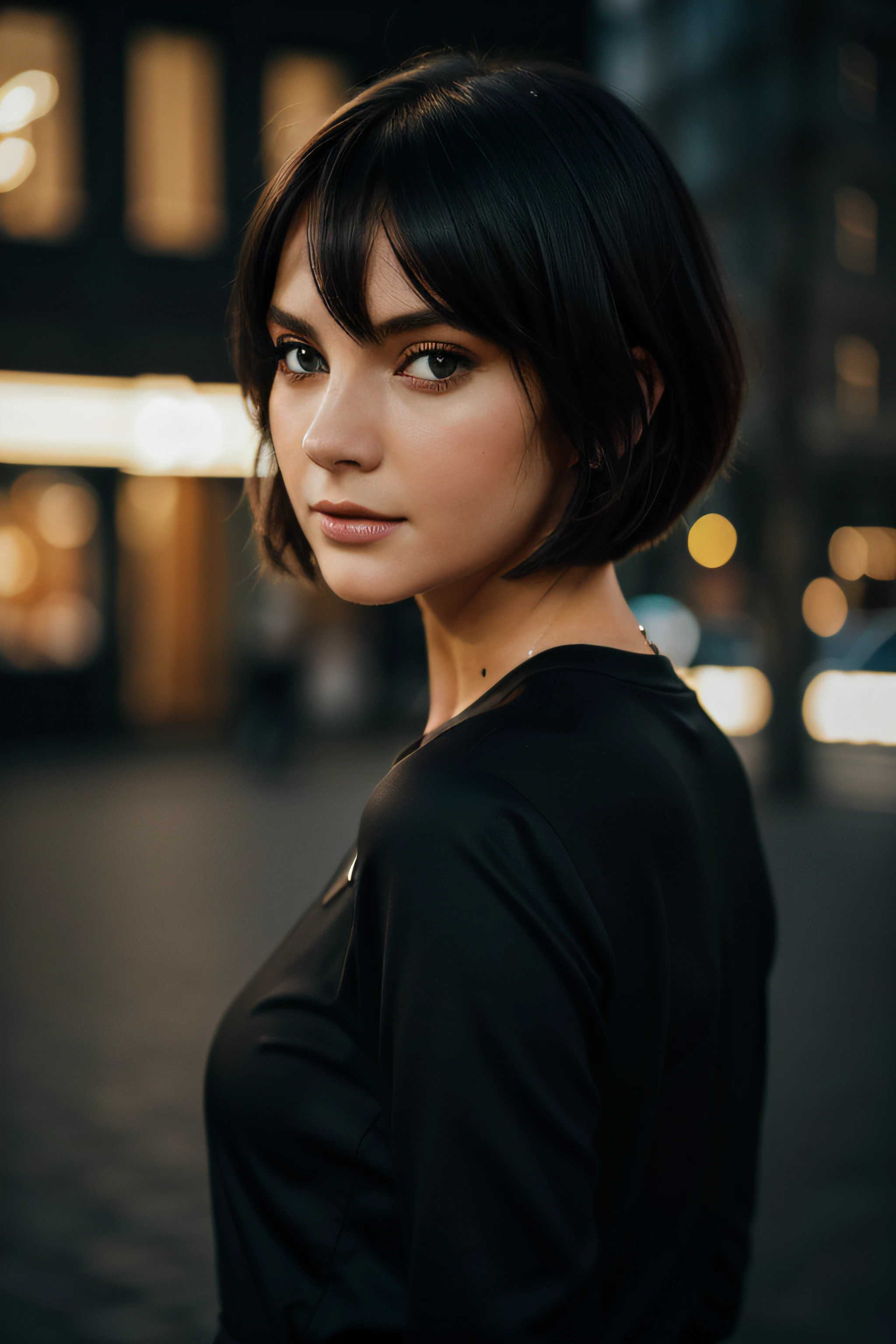 Photo of a beautiful girl, in der Stadt, Trage ein schwarzes Oberteil, genießend, Tochter, Sommer, Hot Girl, (((sehr schwere Oberweite))), Bob haircut with black and turquoise gradient, Blick in die Kamera, Urban Style clothes, symmetrisches Gesicht, fotoreallistisch, Fotografie, spectacular lighting,, magnificent, Spaltung, westlich, (Masterpice), best quality, high resolution, Extrem detailliert, Haut mit Poren, verschwommener Hintergrund, depth of fields, Beleuchtung filmisch