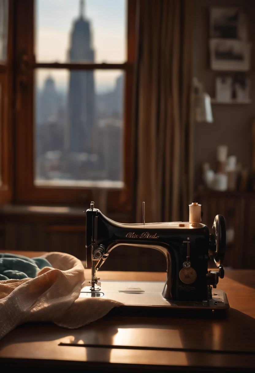 (best quality,4k,8k,highres,masterpiece:1.2),ultra-detailed,(realistic,photorealistic,photo-realistic:1.37),sewing machine by an open window overlooking the city,sewing mannequin next to the machine,illustration,soft lighting,subtle shadows,stitching,thread,beautiful detailed machine,carefully crafted mannequin,vintage-inspired,sewing supplies,pins and needles,fabric patterns,sewing tools,sewing scissors,button details,cloth textures,cityscape view,tall buildings,blurred lights in the distance,cozy atmosphere,casual setting,relaxing vibe