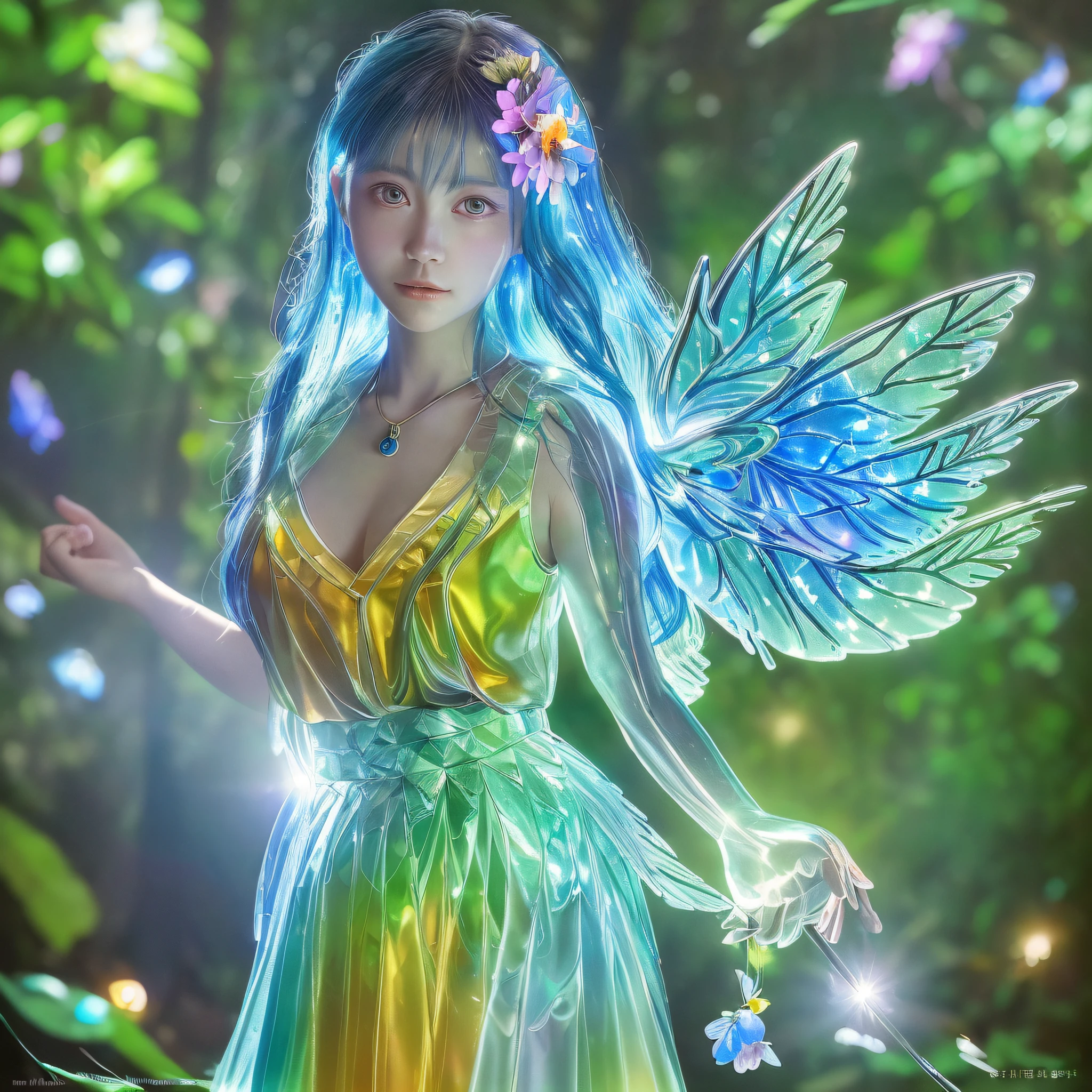 Gradient Eyes, the woods,Night Moon,Mini cute 3 year old flower fairy, A slender、Ring,Skirt made of petals,Huge flowers,Colorful colorful,Transparent and colorful wings, magic wands,closeup cleavage,Optical attenuation,glow effect,depth of fields,Highlight,Real Light,Ray traching,OC rendering,Hyper-realistic,best qualtiy,8K,Works of masters,super-fine,Detailed pubic hair,Correct anatomy,sharp focus on eyes,Bokeh,Facial features are carefully drawn,in style of hayao miyazaki,Miyazaki Animation Style