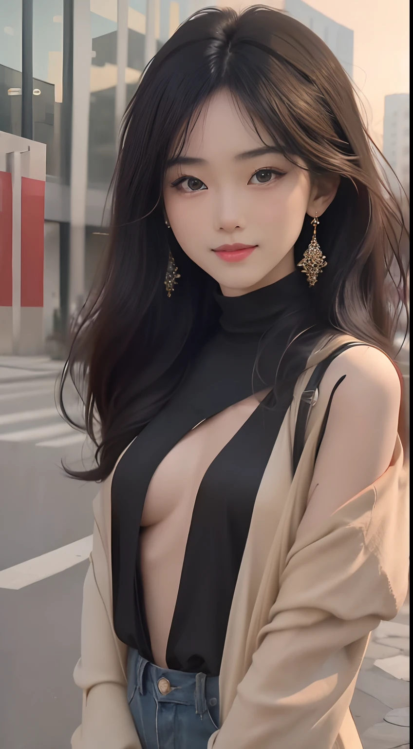 (masterpiece), a stunning photograph of korean girl model, full body, 8k, raw photo, looking at viewer, (highly detailed skin:1.2), small breasts, slim body, black hair, (photorealistic:1.4), casual outfit, crying, solo, jewelry, earrings, (looking at viewer), long hair, brown eyes, portrait, realistic, smile, makeup, garden