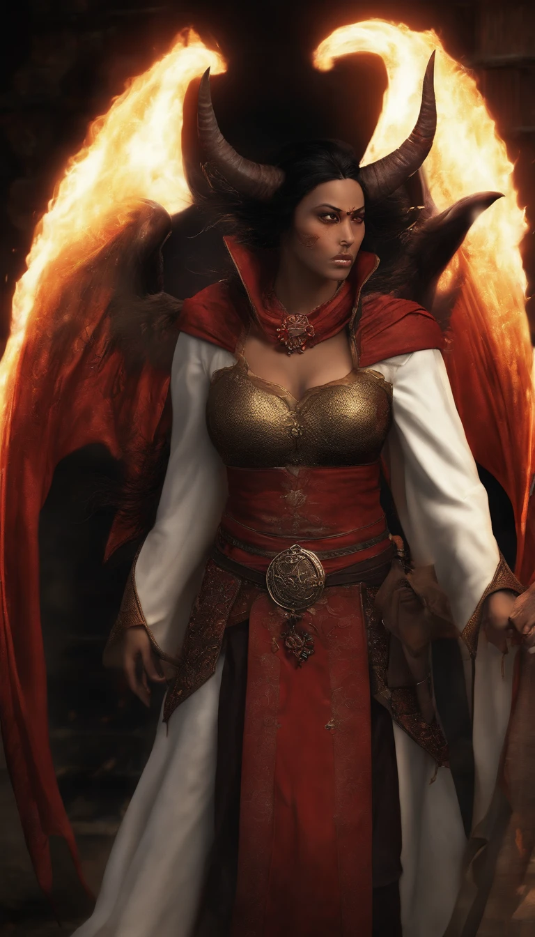 arafed, high details, best quality, 16k, [ultra detailed], masterpiece, best quality, (extremely detailed), dynamic angle, ultra wide shot, RAW, photorealistic, fantasy art, RPG art, a picture of demon in the streets, a demon (best details, Masterpiece, best quality), res skinned, black eyes, black mane, bat wings, horns, big horns, armed with a long bladed covered in flames, covered in red fire, medieval Japanese street (best details, Masterpiece, best quality) background, night time, moon light, street lamp ligh
