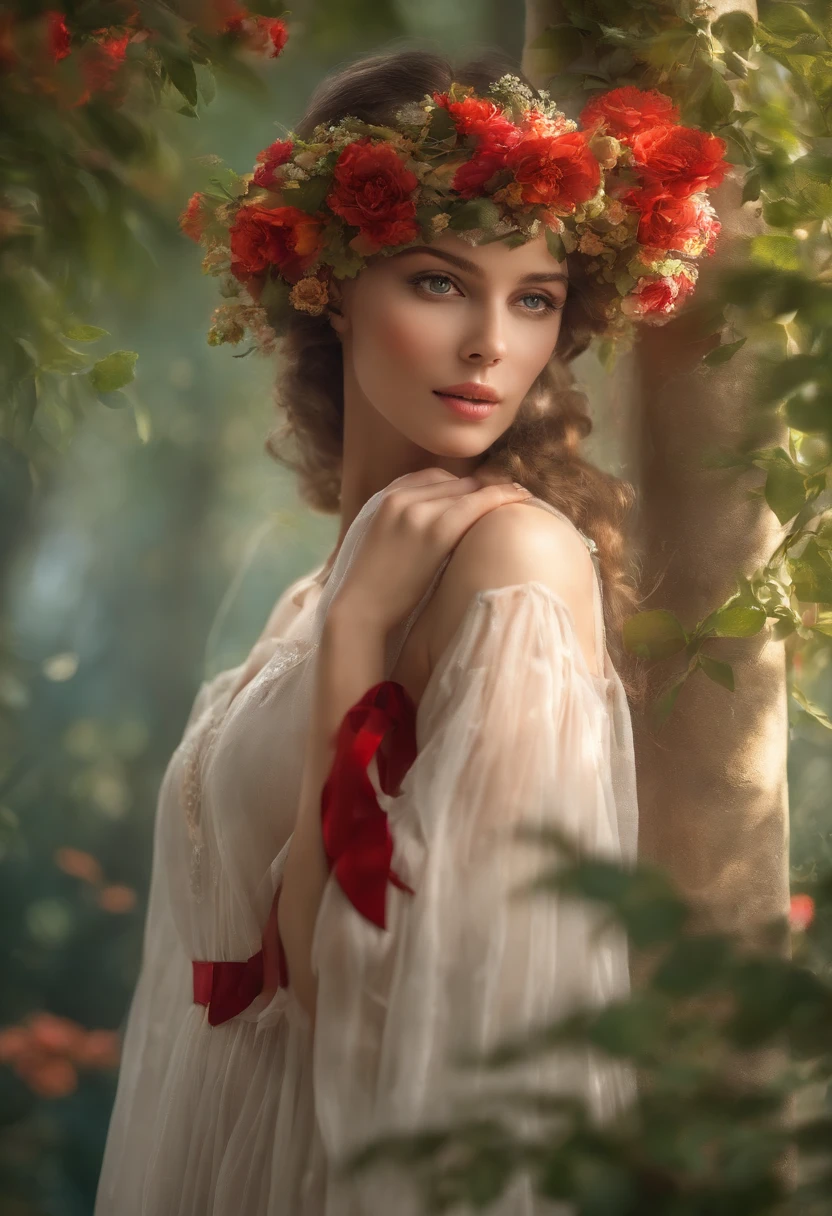 (best quality,4k,8k,Altas,master part:1.2),ultra-detalhado(HDR,UHD,studio lighting),Realistic portraits of a girl with a bouquet of flowers, beautiful eyes and lips, vestido branco com uma fita vermelha, extremely detailed facial features, long eyelashes. The girl is standing in a picturesque forest, surrounded by vibrant green vegetation and colorful flowers. Sunlight filters through the leaves, fundindo um suave, Ethereal glow on the scene. The girl is holding the bouquet of flowers delicately, his fingers gently intertwined with the stems. The red ribbon around the bouquet stands out, adding a vibrantly colored pop to the composition. O vestido da  flui elegantemente ao seu redor, sua cor branca pura contrastando com o ambiente natural. The forest is full of enchanting melodies of singing birds and the subtle rustle of leaves in the breeze. The atmosphere is serene and poetic, evoking a sense of tranquility and beauty in nature. The painting is done in a realistic style, capturing the intricate details of the girl's face and the textures of the flowers and foliage with precision. The colors are vivid and vibrant, melhorar o impacto visual geral da obra de arte. The composition is carefully organized, com a meninaada ligeiramente fora do centro, drawing viewers' attention to his expressive eyes and radiant smile. The lighting is warm and soft, creating a smooth environment and adding depth to the scene. The overall effect is a visually stunning masterpiece that celebrates the beauty of nature and the grace of the girl in the forest.,anime,anime core