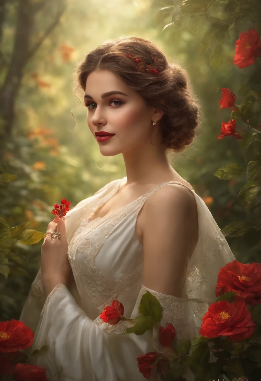 (best quality,4k,8k,Altas,master part:1.2),ultra-detalhado(HDR,UHD,studio lighting),Realistic portraits of a girl with a bouquet of flowers, beautiful eyes and lips, vestido branco com uma fita vermelha, extremely detailed facial features, long eyelashes. The girl is standing in a picturesque forest, surrounded by vibrant green vegetation and colorful flowers. Sunlight filters through the leaves, fundindo um suave, Ethereal glow on the scene. The girl is holding the bouquet of flowers delicately, his fingers gently intertwined with the stems. The red ribbon around the bouquet stands out, adding a vibrantly colored pop to the composition. O vestido da  flui elegantemente ao seu redor, sua cor branca pura contrastando com o ambiente natural. The forest is full of enchanting melodies of singing birds and the subtle rustle of leaves in the breeze. The atmosphere is serene and poetic, evoking a sense of tranquility and beauty in nature. The painting is done in a realistic style, capturing the intricate details of the girl's face and the textures of the flowers and foliage with precision. The colors are vivid and vibrant, melhorar o impacto visual geral da obra de arte. The composition is carefully organized, com a meninaada ligeiramente fora do centro, drawing viewers' attention to his expressive eyes and radiant smile. The lighting is warm and soft, creating a smooth environment and adding depth to the scene. The overall effect is a visually stunning masterpiece that celebrates the beauty of nature and the grace of the girl in the forest.,anime,anime core