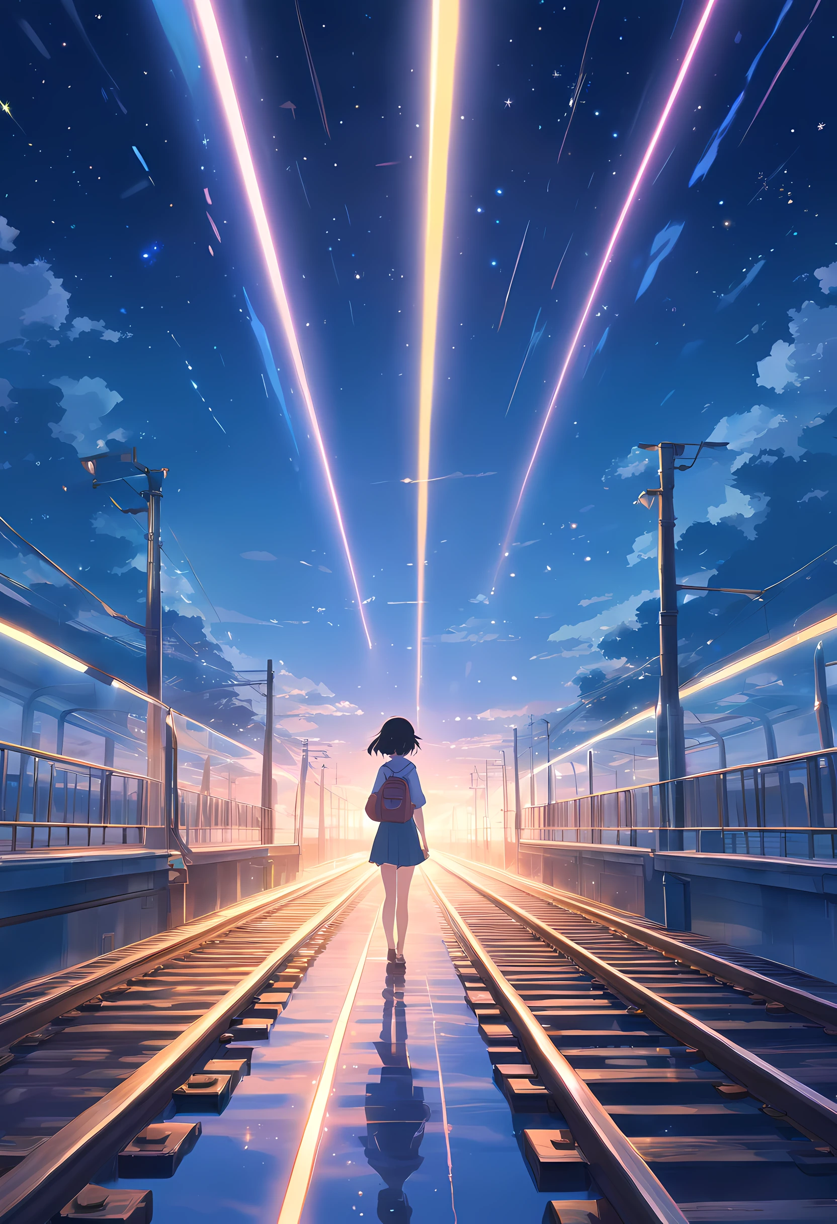 Masterpiece, anime train passing through bodies of water on tracks, bright starry sky. Romantic train, Makoto Shinkai's picture, pixiv, concept art, lofi art style, reflection. by Makoto Shinkai, lofi art, Beautiful anime scene, Anime landscape, detailed scenery —width 672, in style of Makoto shinkai, style of Makoto shinkai, enhanced details.