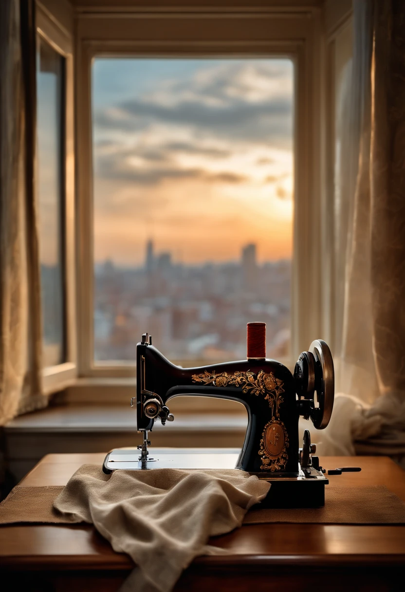 (Best Quality,4k,8K,hight resolution,Masterpiece:1.2),Ultra-detailed,(Realistic,Photorealistic,photo-realistic:1.37),Sewing machine by the open window overlooking the city,Sewing dummy next to the machine,illustartion,soft-lighting,Subtle shadows,Stitching,thread,Beautiful detailed machine,Meticulously crafted mannequin,Vintage style,Sewing supplies,Pins and needles,Fabric patterns,Sewing tools,sewing scissors,Button details,Textures of fabrics,View of the cityscape,high buildings,Blurry lights in the distance,cozy atmosphere,Relaxed atmosphere,relax vibe