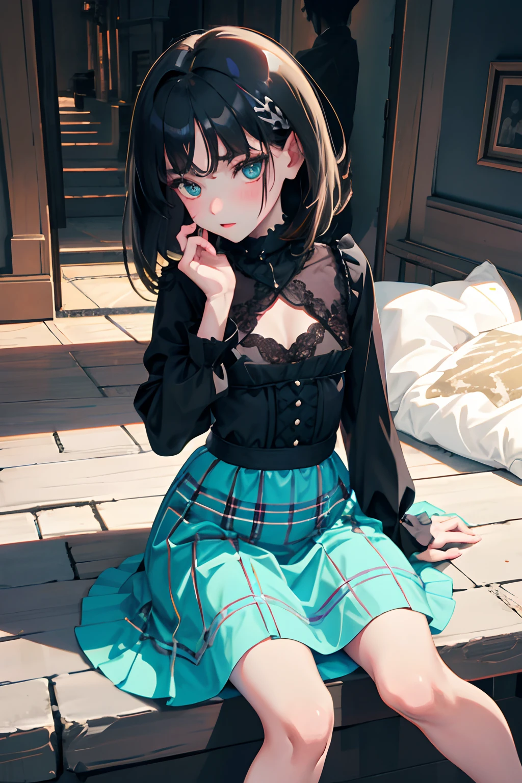 hand between legs,(masterpiece,Highest Quality),(child:1.3),Turquoise Goth Spank,long-sleeve,Long skirt with Burberry plaid pattern,Absolute area,(A dark-haired,long),embarrassed from,Delicate body,petite body