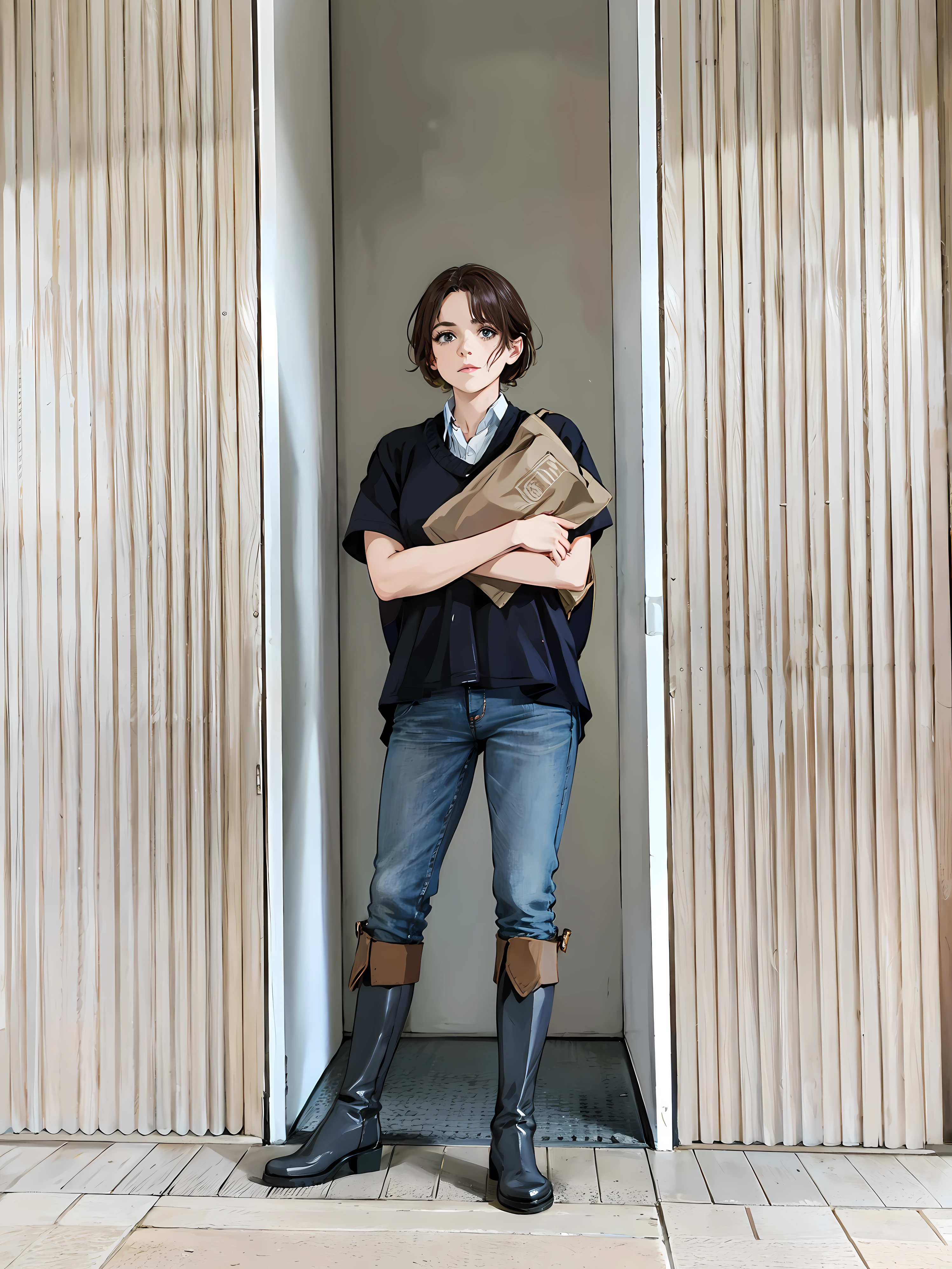 Woman standing in front of door in boots,