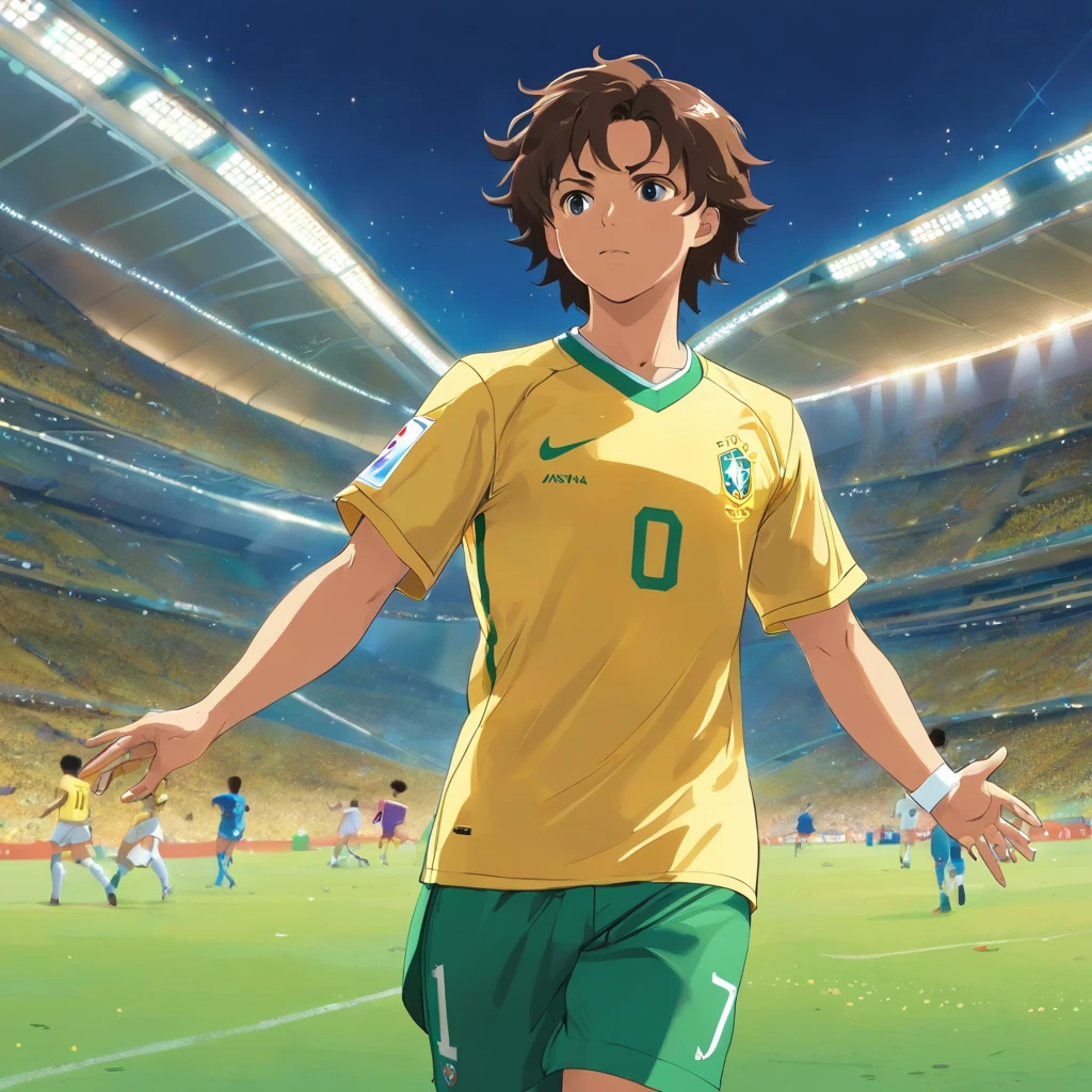 Create an illustration of the Brazilian jersey worn by Ronaldo in the 1998 World Cup final. Add an arrow that points to the jersey to indicate that it was traded with a fan by mistake.