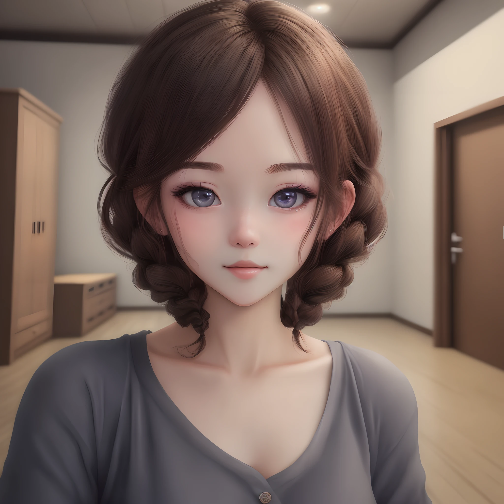 ((Best Quality, 8K, masutepiece :1.3)), 1girl in,(Random hairstyles), Casual Outfit :1.2, Indoor, Ultra-detailed face, Detailed eyes, 二重まぶた, Background selfie