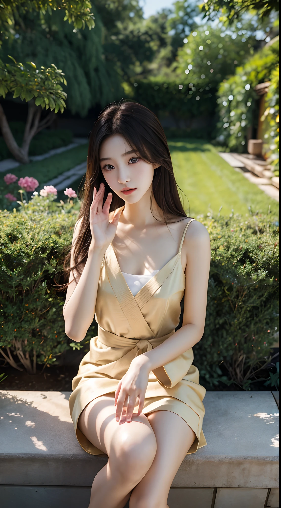 Japanese and Korean beauties，Pure and cute，16K HD is realistic，Photographic quality，mesmerizing eyes，long eyelasher，Slim and slim，detailed realistic hands，In the background garden