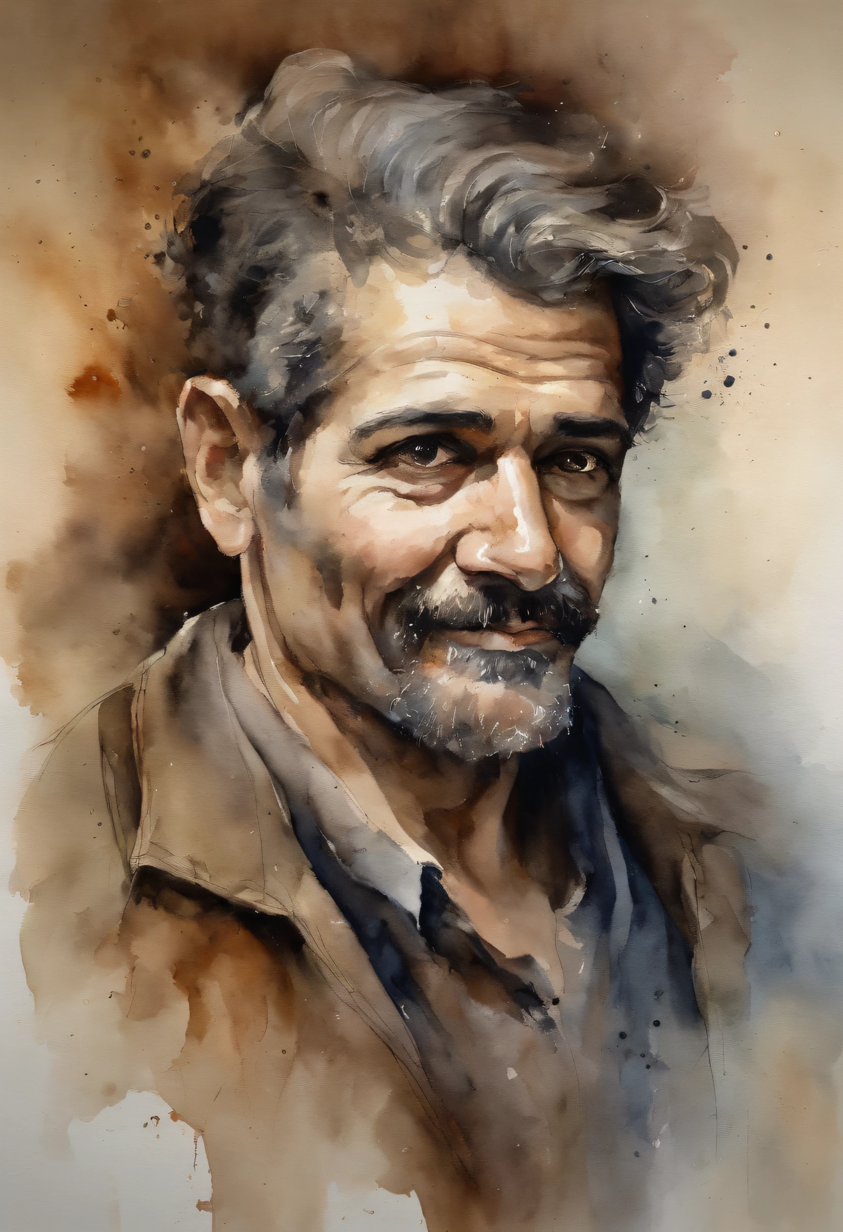 Um rua onde vielas se encontram, personagem masculino de meia-idade, com cabelos grisalhos e barba por fazer. His expression of agony is frozen on his pale face, Lying on the cobblestone floor, vemos a cena de cima, um vulto sutil em uma parte das vielas