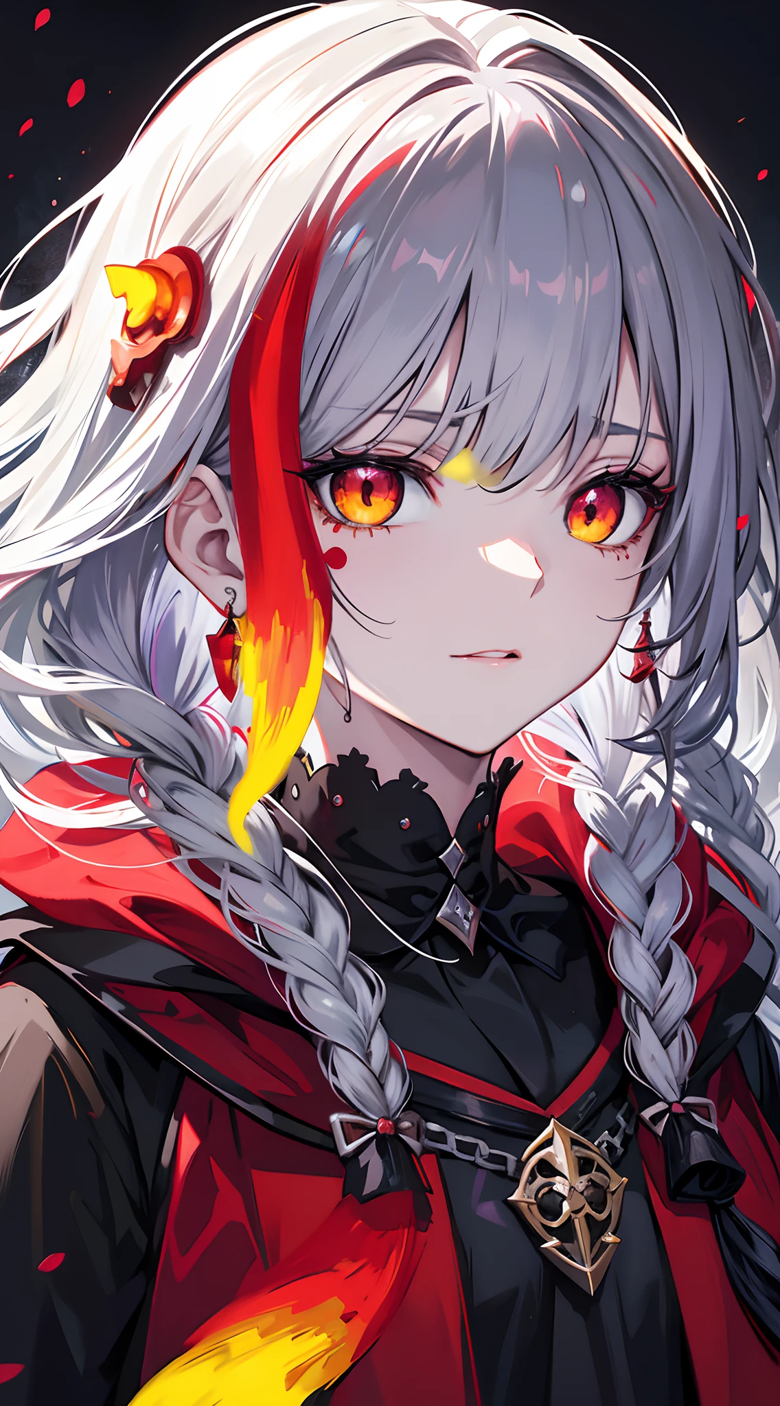 anime girl with long white hair and red cape with yellow eyes, anime style 4 k, with glowing red eyes, demon anime girl, detailed digital anime art, high quality anime artstyle, anime art wallpaper 4k, anime art wallpaper 4 k, portrait gapmoe yandere grimdark, detailed portrait of anime girl, anime style portrait, gapmoe yandere grimdark