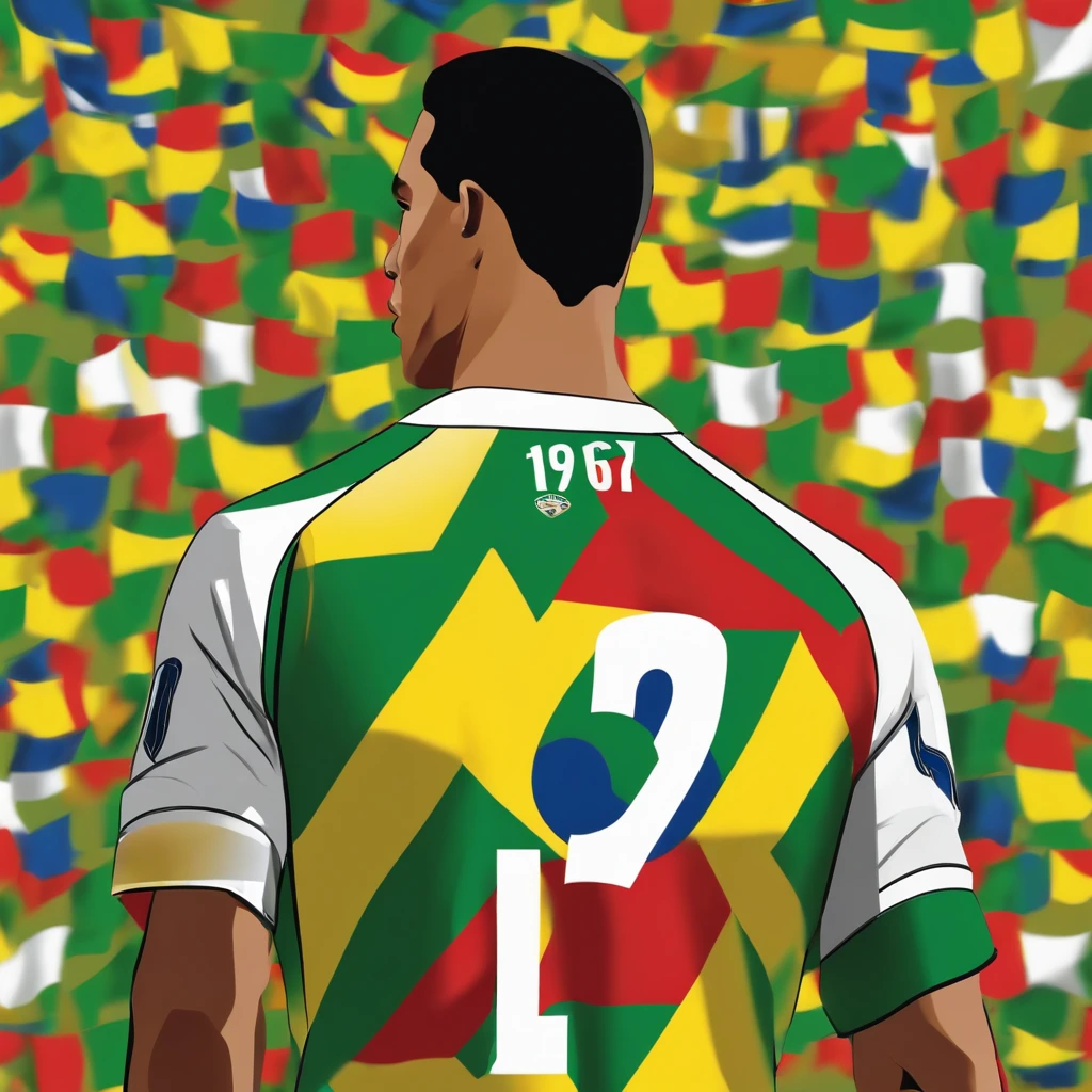 Create an illustration of the Brazilian jersey worn by Ronaldo in the 1998 World Cup final. Add an arrow that points to the jersey to indicate that it was traded with a fan by mistake.
