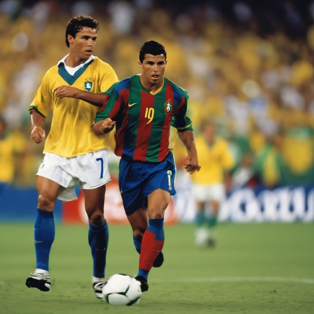 Create an illustration of the Brazilian jersey worn by Ronaldo in the 1998 World Cup final. Add an arrow that points to the jersey to indicate that it was traded with a fan by mistake.