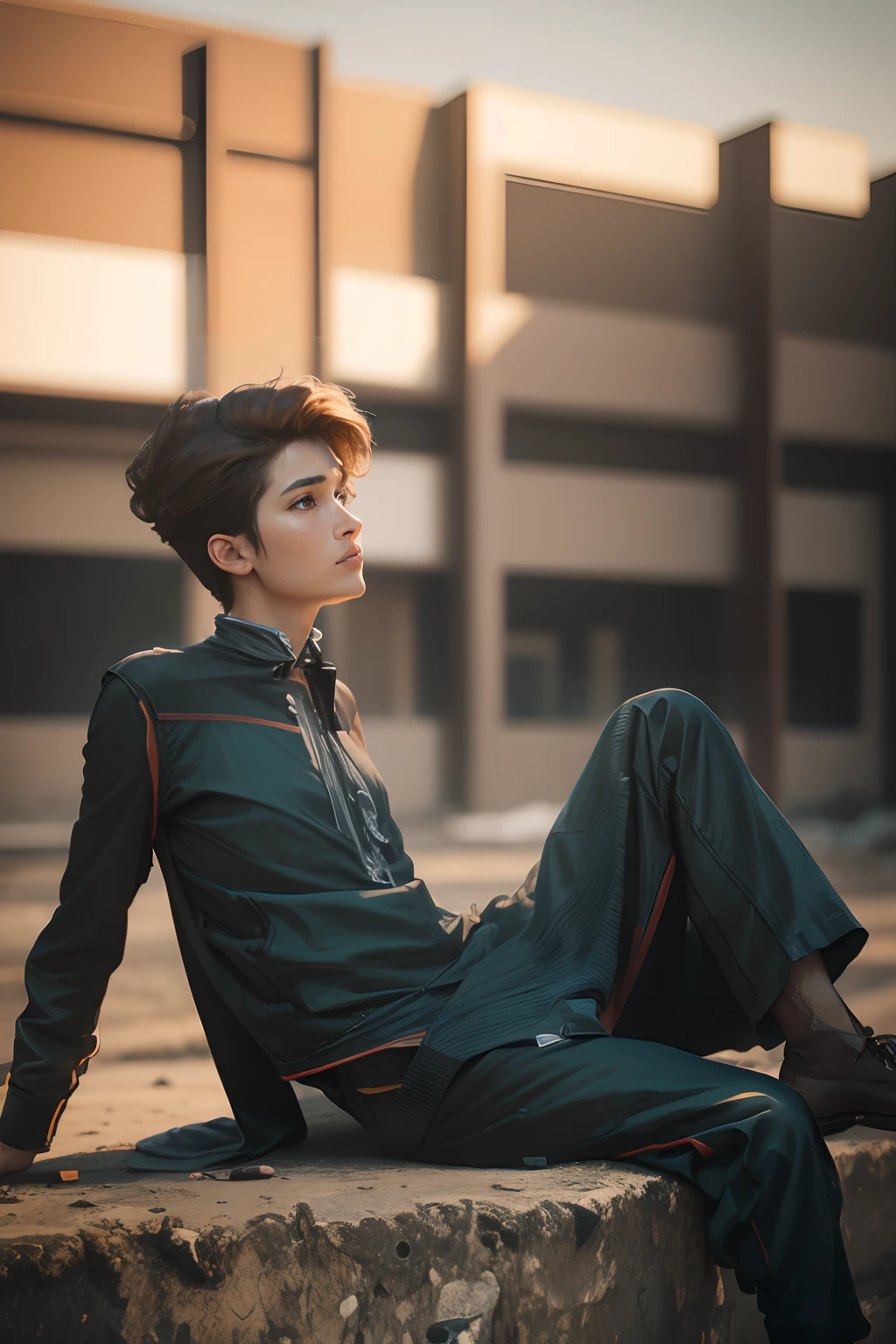 Highest quality, full body detail, golden ratio, (theater lighting: 0.7), masterpiece, viewer angle shot, 1 boy looking at see,full body portrait, perfect face, amazing eyes, vivid details, (highly detailed skin), accent lighting (backlight: 0.5), depth of field, iPhone 6, 50mm lens, f/4 aperture, (super detail), sharp focus, soft colors, 8k , conscious, 8mm film grain, war photography, angle up shot
