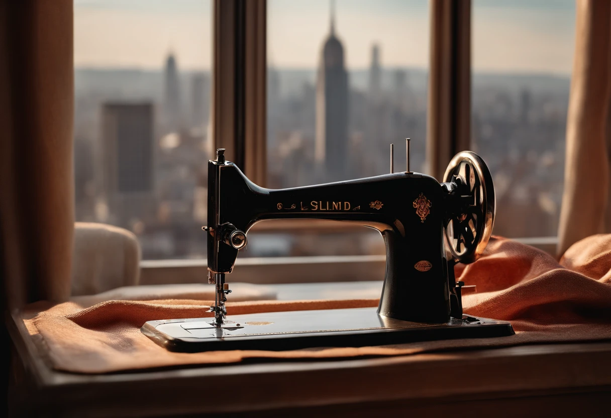 (Best Quality,4k,8K,hight resolution,Masterpiece:1.2),Ultra-detailed,(Realistic,Photorealistic,photo-realistic:1.37),Sewing machine by the open window overlooking the city,Sewing a mannequin next to the machine,illustartion,soft-lighting,Subtle shadows,Stitching,thread,Beautiful detailed machine,Meticulously crafted mannequin,Vintage style,Sewing supplies,Pins and needles,Fabric patterns,Sewing tools,sewing scissors,Button details,Textures of fabrics,View of the cityscape,high buildings,Blurry lights in the distance,cozy atmosphere,Relaxed atmosphere,relax vibe