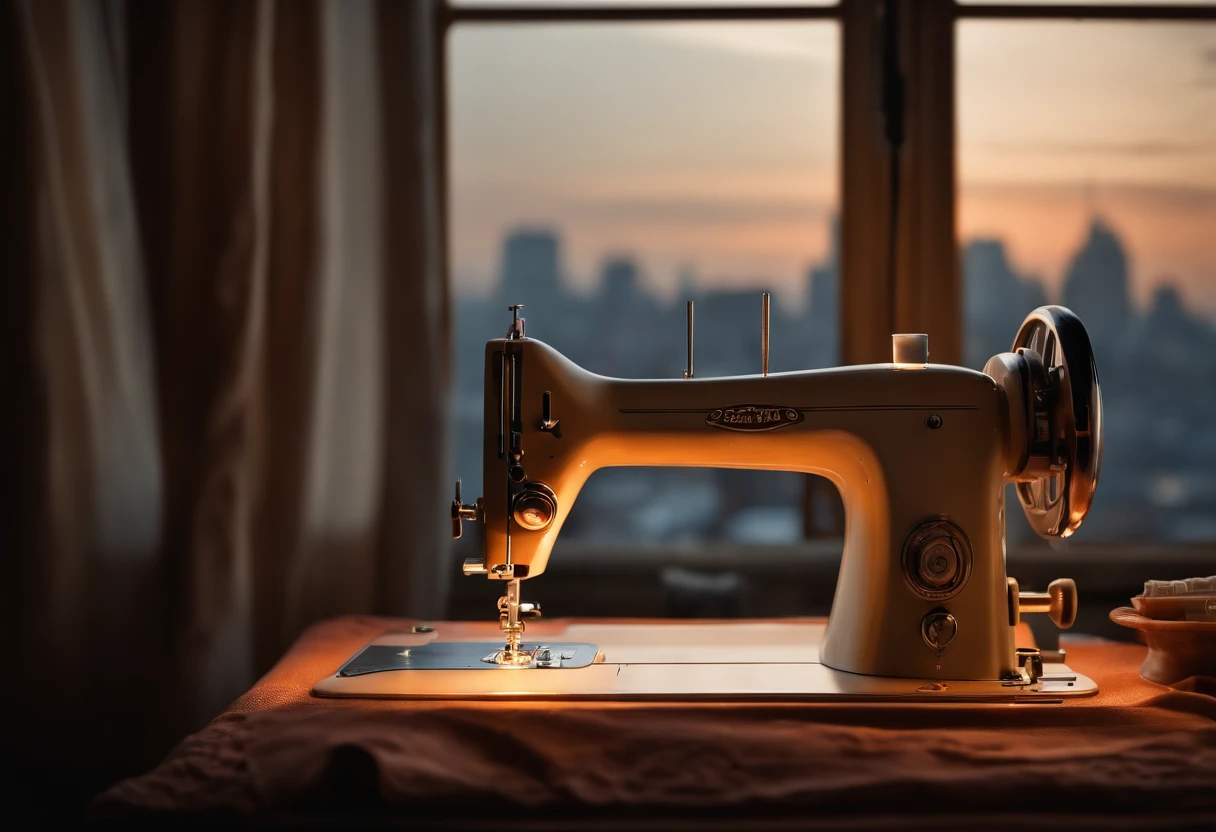 (Best Quality,4k,8K,hight resolution,Masterpiece:1.2),Ultra-detailed,(Realistic,Photorealistic,photo-realistic:1.37),Sewing machine by the open window overlooking the city,Sewing a mannequin next to the machine,illustartion,soft-lighting,Subtle shadows,Stitching,thread,Beautiful detailed machine,Meticulously crafted mannequin,Vintage style,Sewing supplies,Pins and needles,Fabric patterns,Sewing tools,sewing scissors,Button details,Textures of fabrics,View of the cityscape,high buildings,Blurry lights in the distance,cozy atmosphere,Relaxed atmosphere,relax vibe