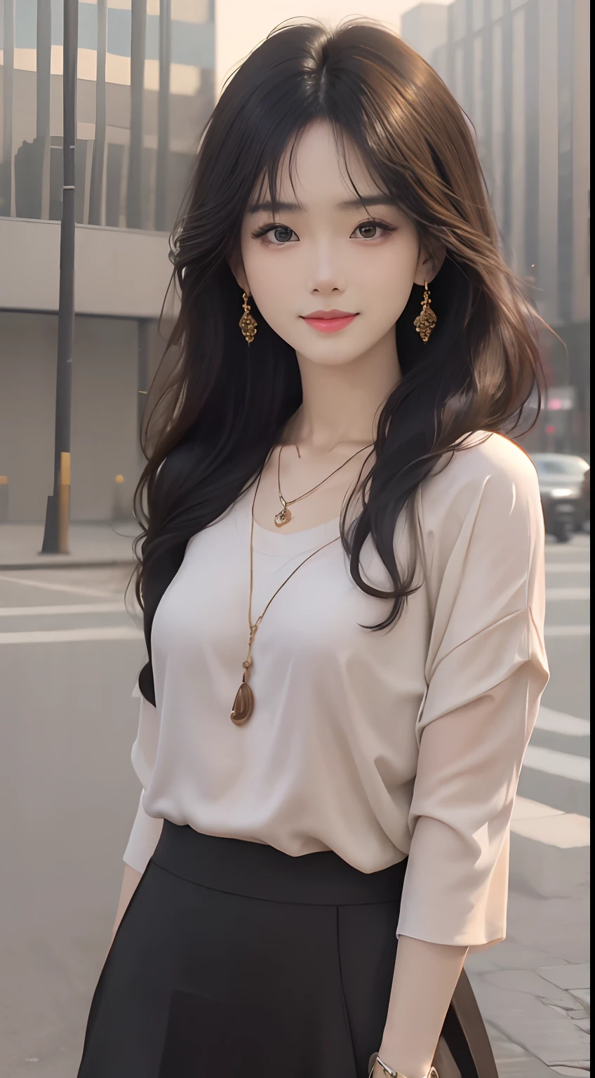 (masterpiece), a stunning photograph of korean girl model, full body, 8k, raw photo, looking at viewer, (highly detailed skin:1.2), small breasts, slim body, black hair, (photorealistic:1.4), casual outfit, crying, solo, jewelry, earrings, (looking at viewer), long hair, brown eyes, portrait, realistic, smile, makeup, garden
