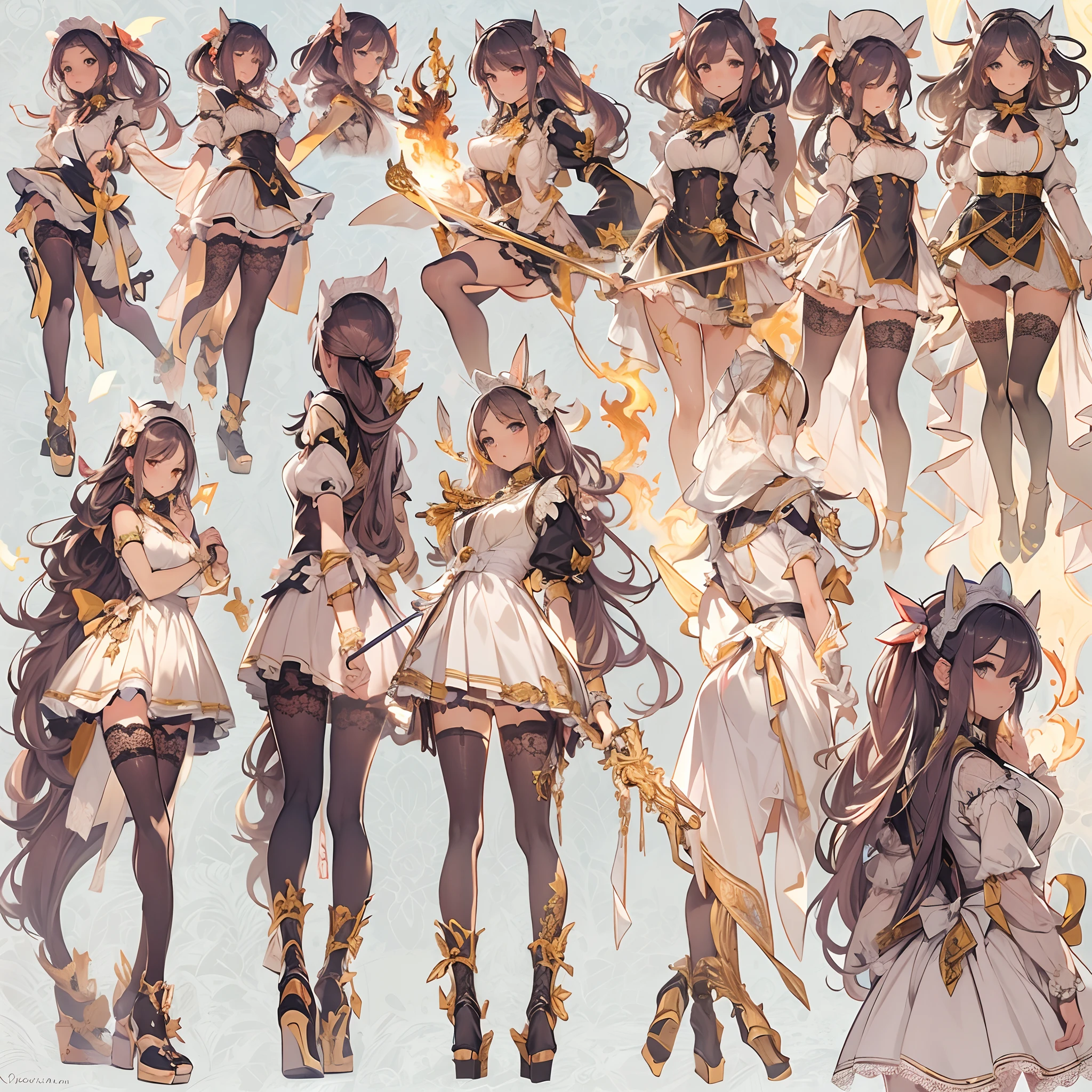 ((Masterpiece, Highest Quality)), Detailed face, Character Design Sheet, full bodyesbian, It's full of details., multiple poses and expressions, highly detaild, deeply, A lot of it,Beautiful maid,Armed with bows and arrows,Gold,Double ponytail,Fantasy style,Surrounded by flames,Very beautiful.,High Balance, Natural light, lace,Lace pantyhose,Star decoration