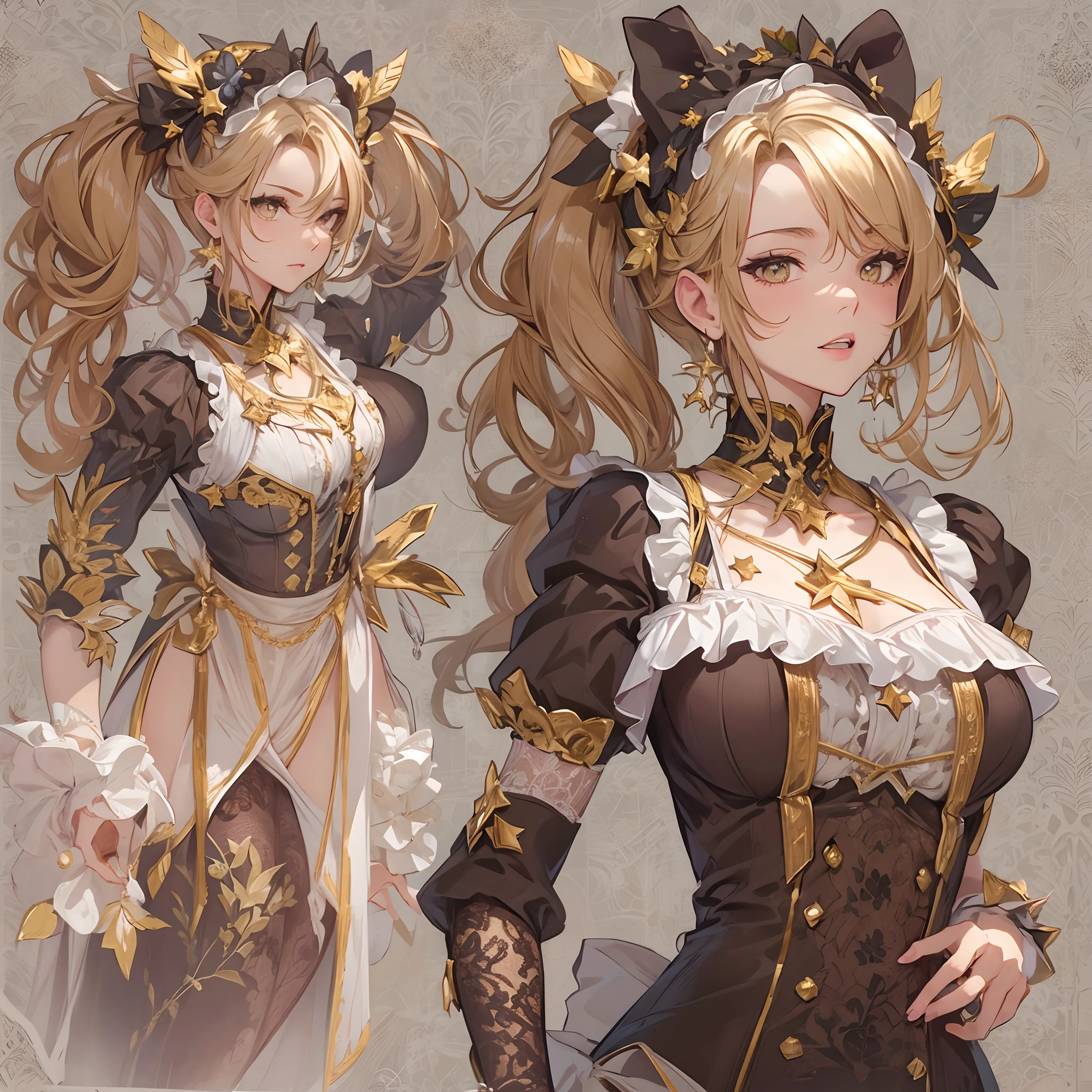 ((Masterpiece, Highest Quality)), Detailed face, Character Design Sheet， full bodyesbian, It's full of details., multiple poses and expressions, highly detaild, deeply, A lot of it，Beautiful maid，Armed with bows and arrows，Gold，Double ponytail，Fantasy style，Surrounded by flames，Very beautiful.，High Balance, Natural light, lace，Lace pantyhose，Star decoration