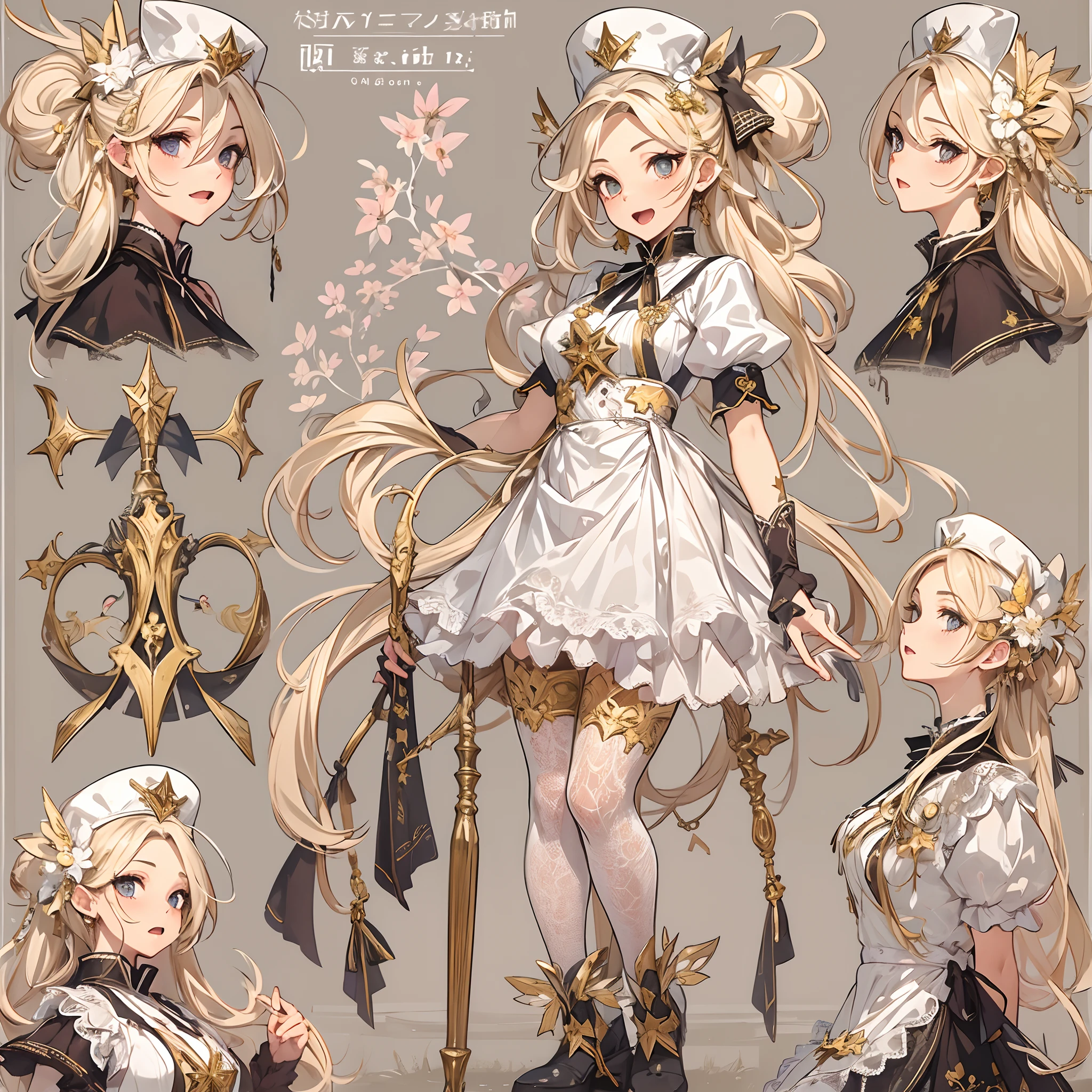 ((Masterpiece, Highest Quality)), Detailed face, Character Design Sheet, full bodyesbian, It's full of details., multiple poses and expressions, highly detaild, deeply, A lot of it,Beautiful maid,Armed with bows and arrows,Gold,Double ponytail,Fantasy style,Surrounded by flames,Very beautiful.,High Balance, Natural light, lace,Lace pantyhose,Star decoration
