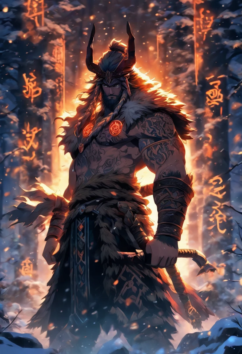 best quality, very high resolution, 4K detailed CG, master piece, Tyr, god of courage, chains, without one hand, just one hand, number of hands one, snow, Norse, rune tattoos, forest, Norse mythology, Norse tattoos , beautiful aesthetics, rune tattoo, Beautiful image, centered on the screen