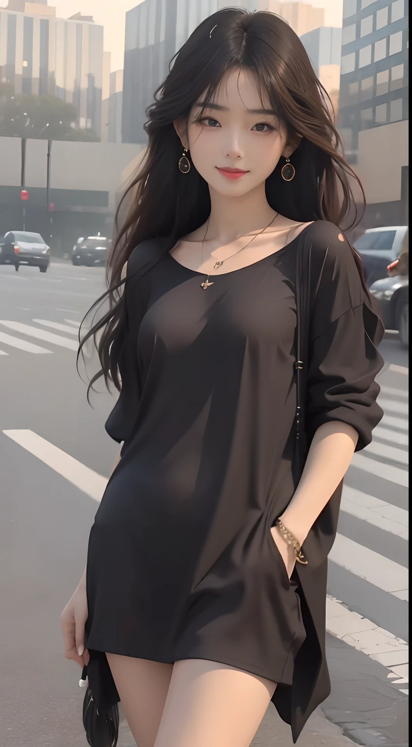 (masterpiece), a stunning photograph of korean girl model, full body, 8k, raw photo, looking at viewer, (highly detailed skin:1.2), small breasts, slim body, black hair, (photorealistic:1.4), casual outfit, crying, solo, jewelry, earrings, (looking at viewer), long hair, brown eyes, portrait, realistic, smile, makeup, garden