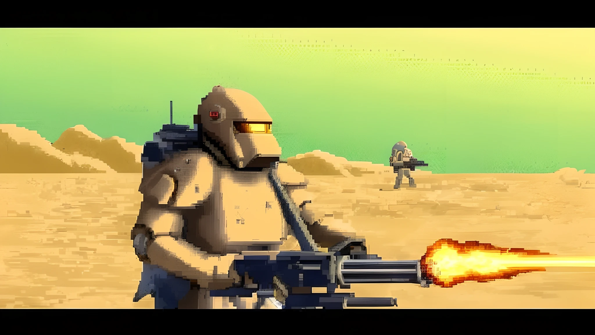 a man in a gas mask holding a gun in a desert, soldiers and mech fight, space soldier on mars with a gun, mech warrior, battletech style, mech machines firing bullets, konami mecha, war robot, mad max battlemech, saudi futuristic warrior mecha, war mechs fighting, test subject supersoldier, metal slug concept art, battlemech