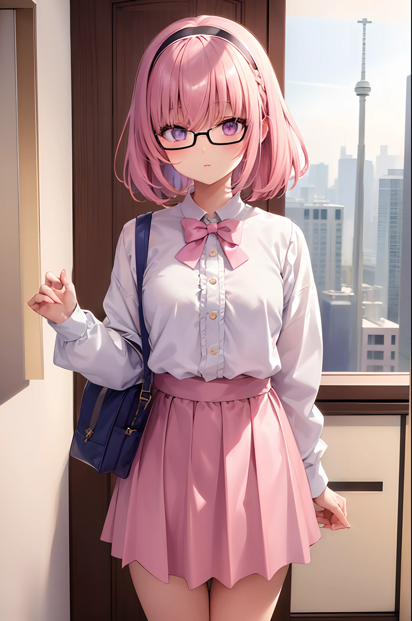 Anime,masterpiece:1.5,best quality,highly detailed,ultra-detailed,short hair,half updo style,pink hair,silver eyes,hairband,glasses,hair bow,cute girl,small breasts,校服,pleatedskirt,White knee-length socks,shoulder bags