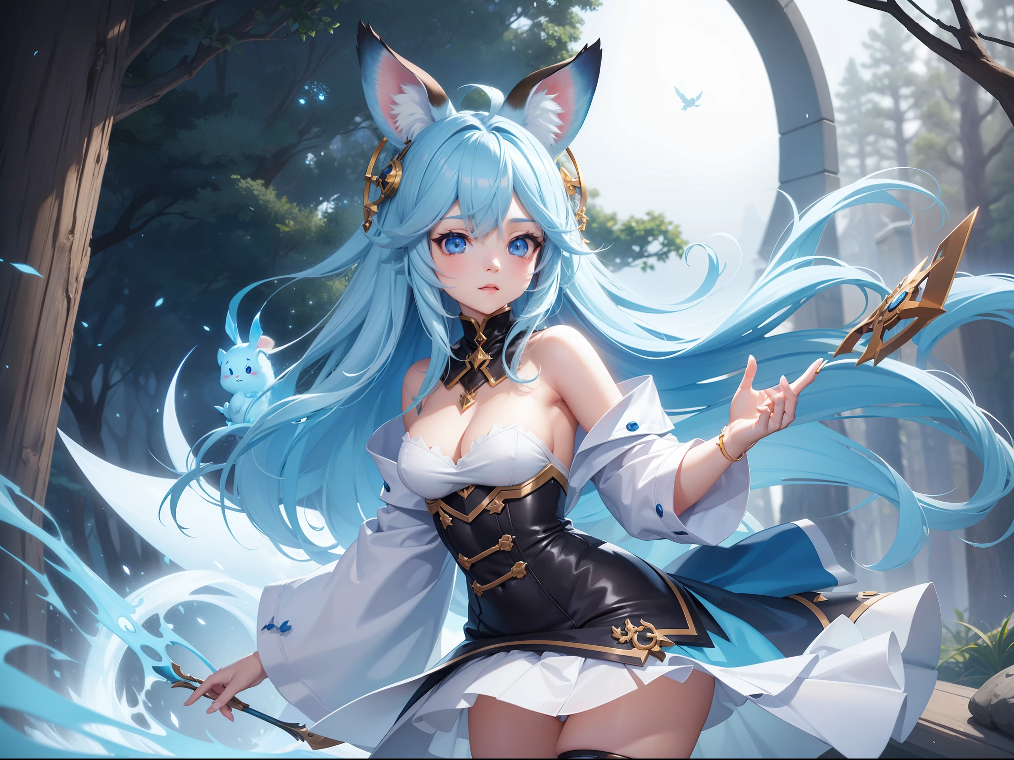 in woods、White-eared long-eared rabbit、I'm with a girl with long blue hair and a chibi character。It is a sexy and cute outfit in white and blue。Dark eyes。Adorable Digital Painting, cute detailed digital art, the squirrel king, Cute digital art, cute cartoon characters, cute character, CuteCreatures, Cutie, official illustrations, Official art, maplestory mouse, astri lohne,  cute 3d render