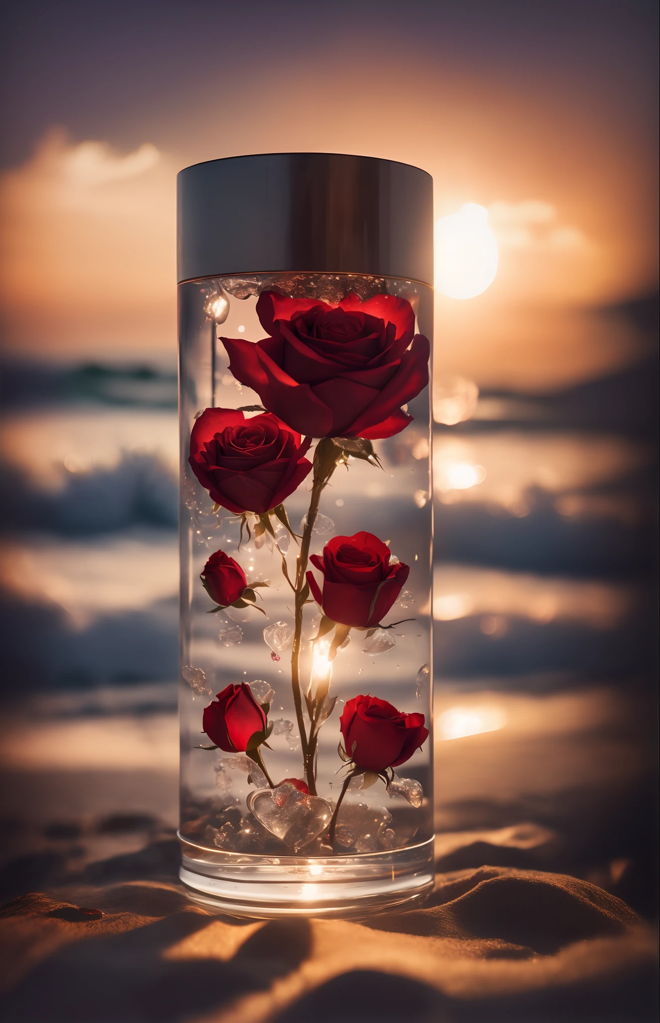 there is a glass vase with a red rose inside of it, roses in cinematic light, warm glow, celestial red flowers vibe, melanchonic rose soft light, translucent roses ornate, romantic light, rosses, red roses, gorgeous romantic sunset, beautiful glowing backlit, soft glow, floral sunset, beautiful ambiance, exploding roses, by Alexander Fedosav, sunset light