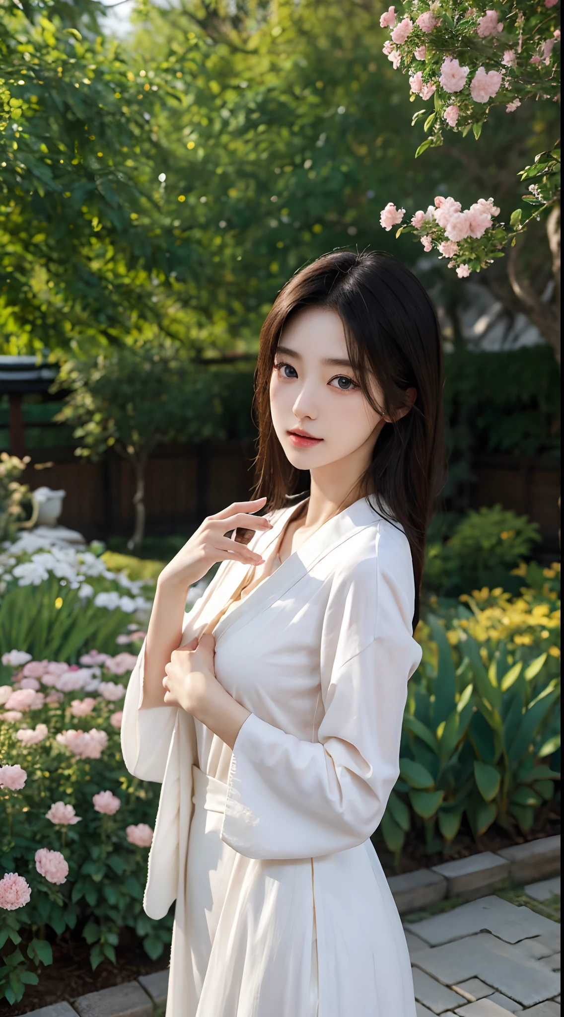 Japanese and Korean beauties,Pure and cute,16K HD is realistic,Photographic quality,mesmerizing eyes,long eyelasher,Slim and slim,detailed realistic hands,In the background garden