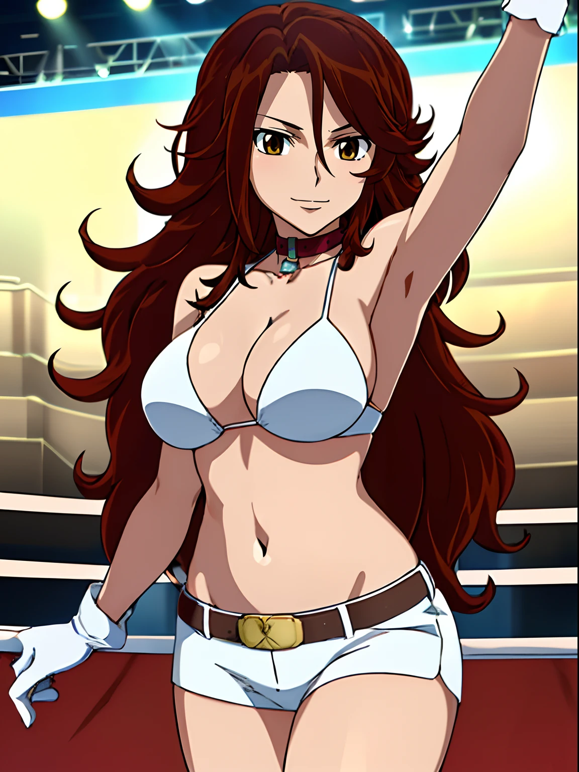 selfie shot, body view, anime style: 1.8, anime drawing, ultra detailed face, ultra detailed body, , 4k, Sumergai Lee Noriega, (standing), best quality, anime style, hires, highest definition, digital blending, bold drawing lines, ((slim waist, female wrestler), (location: wrestling arena, crowds watching), ( slim body, athletic , little biceps, thighs, off-shoulders, (curvy: 2.8), lighting, spot lights, very shiny skin), ((white bikini, shorts, groin, , white gloves, collar, belt)), victorious, winner, , (big breasts, smile), (big eyes, brown eyes), (clapping), (brown hair, loose hair, curly hair, wavy hair, long hair, missy hair), 27 years old, (dancing)