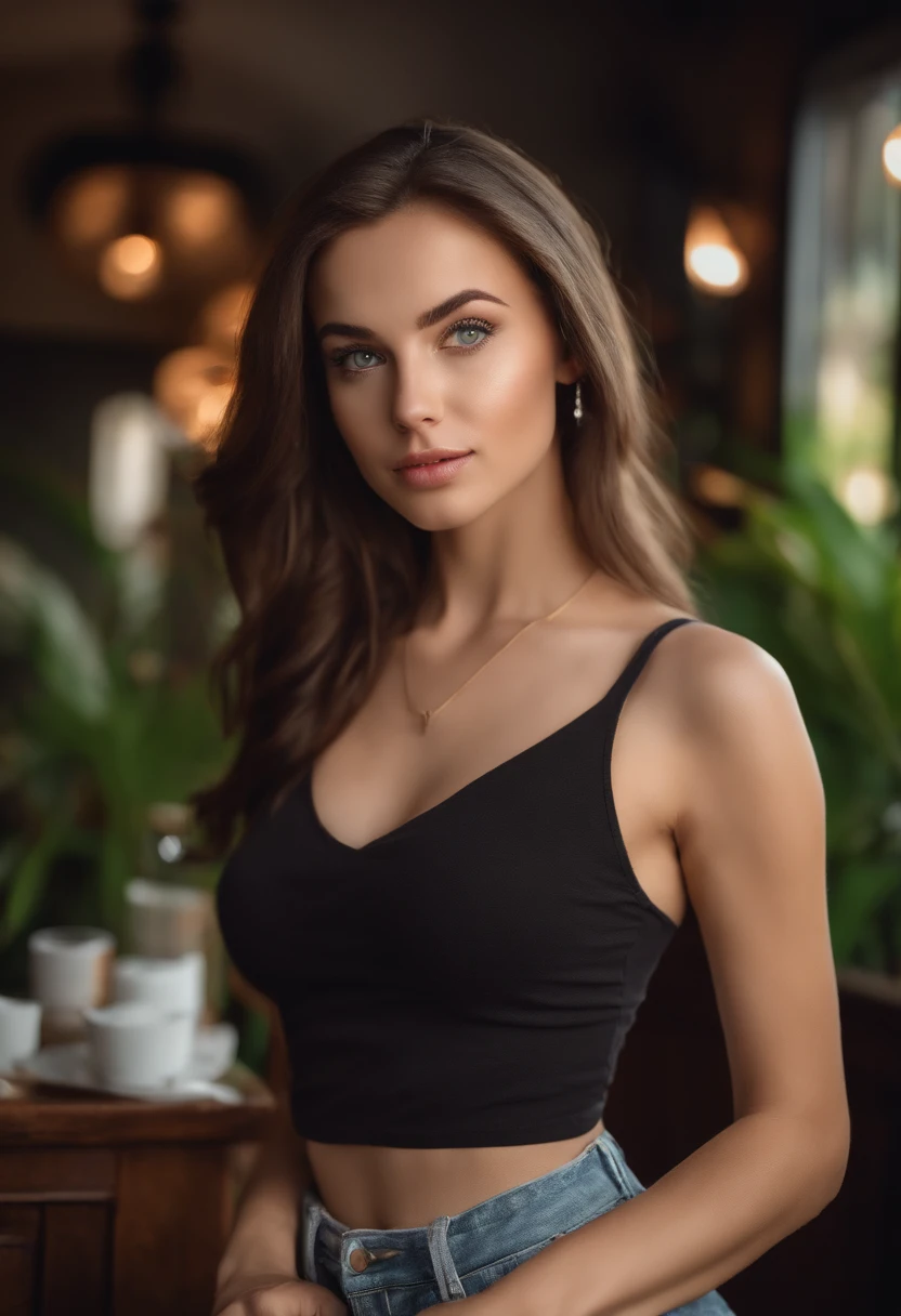 arafed woman with a white tank top and a necklace, dining at a restaurant, sexy girl with green eyes, portrait sophie mudd, brown hair and large eyes, selfie of a young woman, bedroom eyes, violet myers, without makeup, natural makeup, looking directly at the camera, face with artgram, subtle makeup, stunning full body shot, piercing green eyes, beautiful angle, attractive pose, cute girl, sexy pose, full body picture, full body, full body shoot, brunette goddess, high detail, satisfied pose, wearing grey skirt and boots, skirt, boots