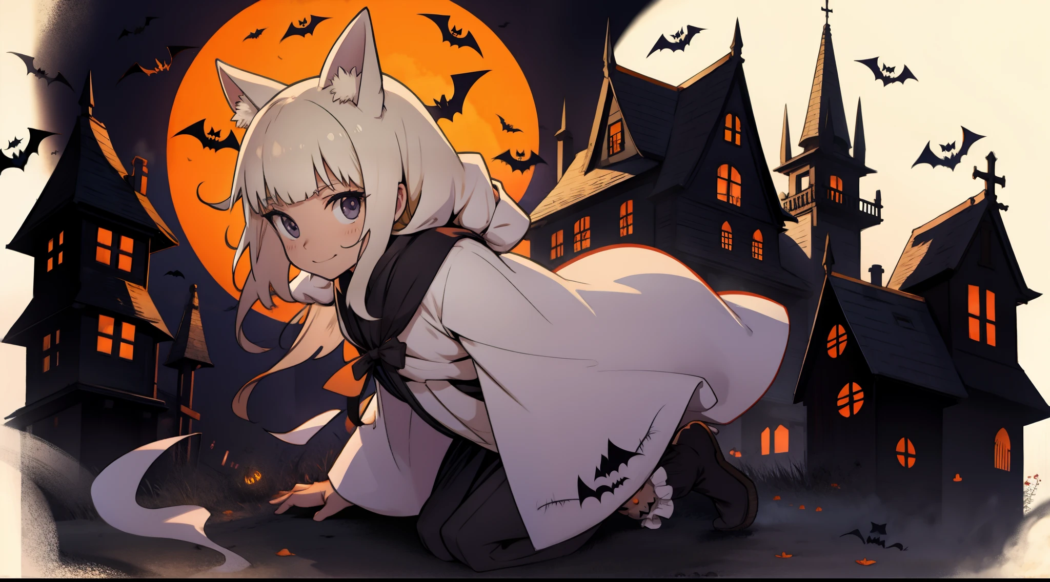 (epic, dynamic angle)top quality, best quality, High-quality illustrations, masterpiece, While creating a Halloween atmosphere, vampire with furry elements, (kemono, super cute girl, solo focus)(furry anthro)(highly detailed beautiful face and eyes)absurdres, perfect anatomy, Scene of a red full moon with a strong horror color,