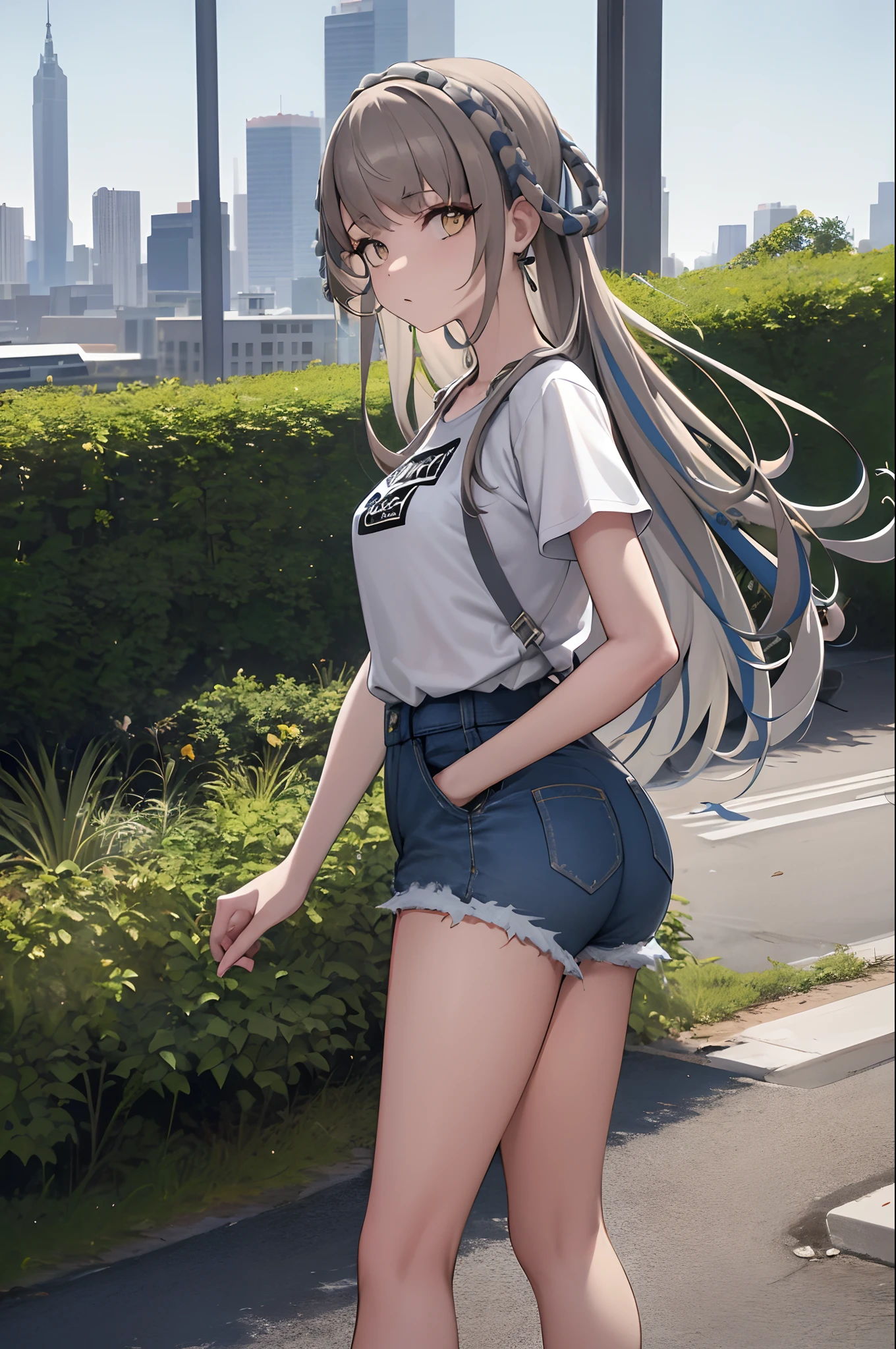 Masterpiece, Best quality, absurderes, Perfect anatomy, 1girll, Solo, Pope Joan, Long hair, Hair rings, graphic tees, Denim shorts, standing, Outdoors, City, Hands in pockets,