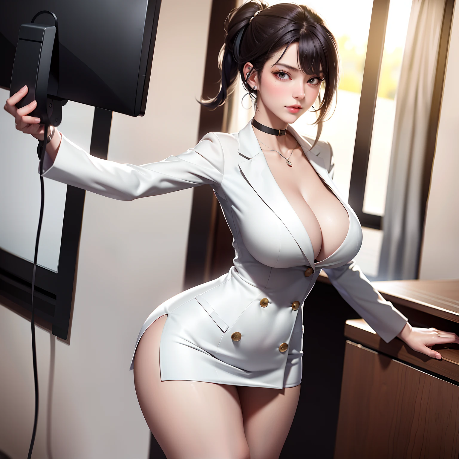 best qualtiy,Full body like,Cinema lenses,Refined face,pretty face,20yo woman,ssmile,slimfigure,medium chest circumference,Office president white petticoat,Delicate and gorgeous white blazer,Office wear,Beth,interior scenes,office room,Open the collar,Expose cleavage,Raised sexy,nipple bump,tit,vacuum,耳Nipple Ring,choker necklace,Stretch meat,choker necklace,耳Nipple Ring,Beautifully detailed office