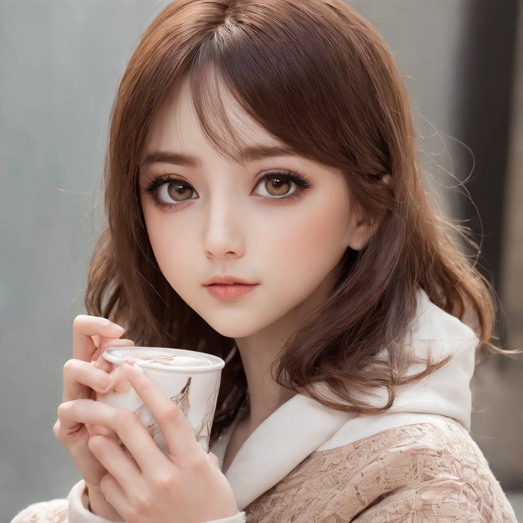 There's a young girl, holding a cup of coffee in his hand, Girl cute-fine-face, cute natural anime face, mit niedlichem - feinem - Gesicht, Sakimi chan, Chiho (Disambiguation, Yoshitomo Nara, junges niedliches gesicht, beautiful japanese girls face, brown hair and big eyes, Cute kawaii girl, beautiful bright big eyes