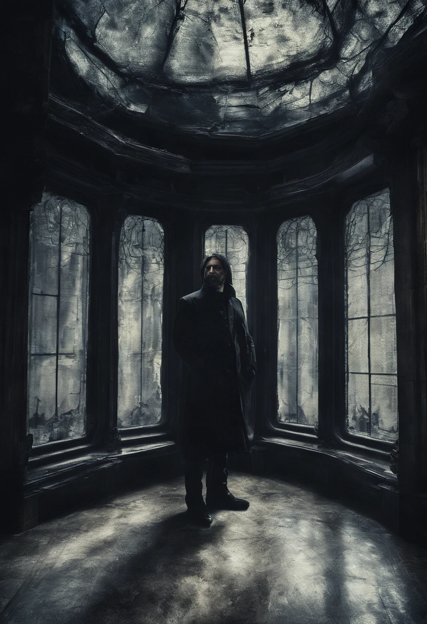 A sexy man with black hair and eyes, with facial hair, he is tanding in front of a giant glass window through which Two giant ghostly mutated hands grabing him by the waist 1.3)   , he is wearing winter clothes  , (arial view), (view from above), (dramatic lighting ), magical atmosphear, still shot from a (horror 1.2) movie, HDR, (nsfw 1.1)