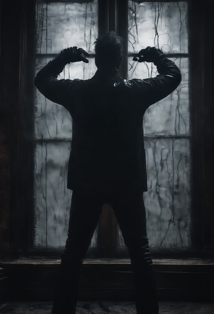 A sexy man with black hair and eyes, with facial hair, he is tanding in front of a giant glass window through which Two giant ghostly mutated hands grabing him by the waist 1.3) , he is wearing winter clothes , (arial view), (view from above), (dramatic lighting ), magical atmosphear, still shot from a (horror 1.2) movie, HDR, (nsfw 1.1)