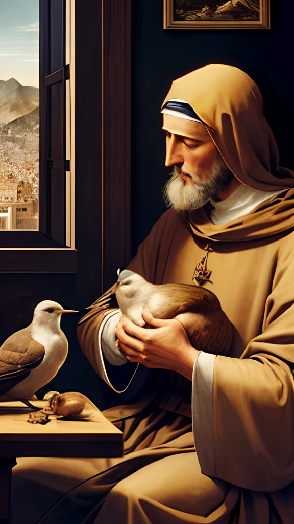 Create an illustration inspired by the painting of the artist Giovanni Bellini, representing St. Francis of Assisi. Em cena, San Francisco must be surrounded by birds and some animals, showing your affection and special connection with them. Intricate details and extreme quality are crucial to capturing the tenderness of this moment.