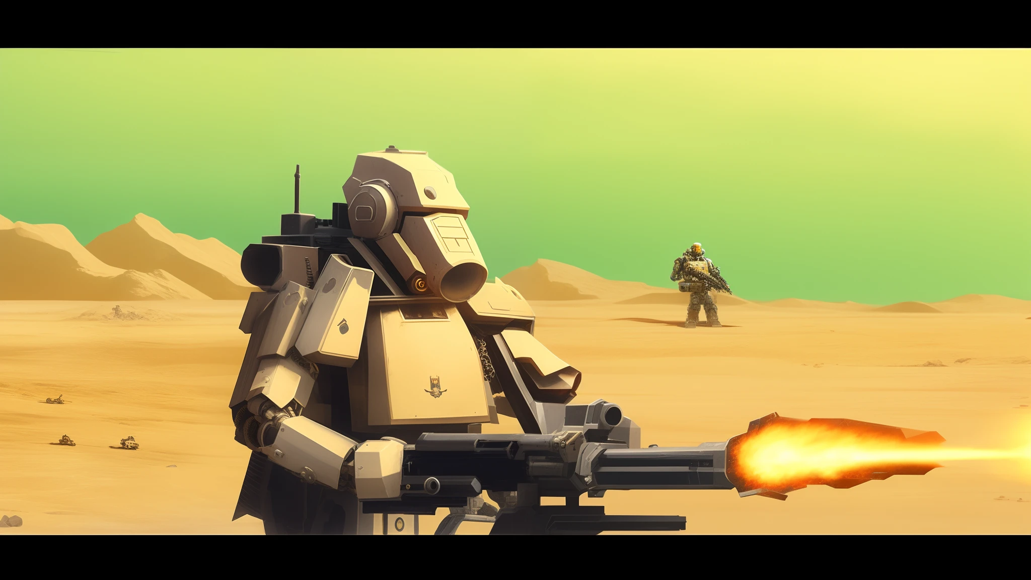 a man in a gas mask holding a gun in a desert, soldiers and mech fight, space soldier on mars with a gun, mech warrior, battletech style, mech machines firing bullets, konami mecha, war robot, mad max battlemech, saudi futuristic warrior mecha, war mechs fighting, test subject supersoldier, metal slug concept art, battlemech