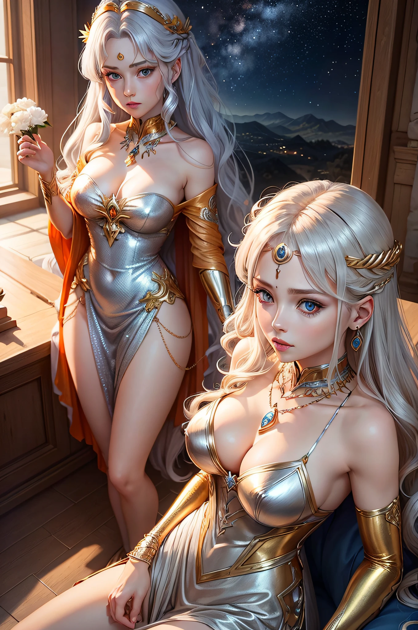 Silver and orange metallic outfit Golden hair Blue eyes Silver necklace goddes Artemis starrysky